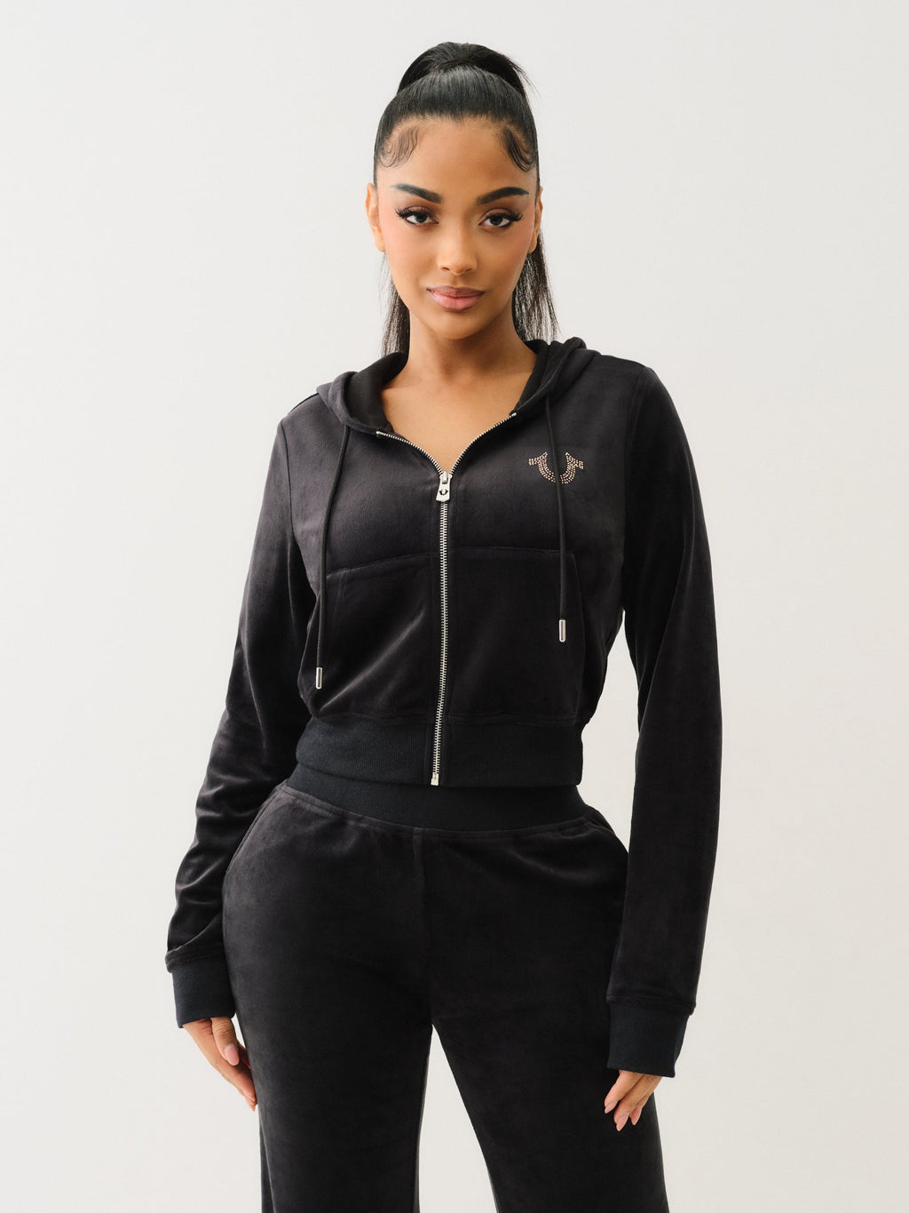 True Religion Velour Crystl Srs Shrunken Zip Jet Black