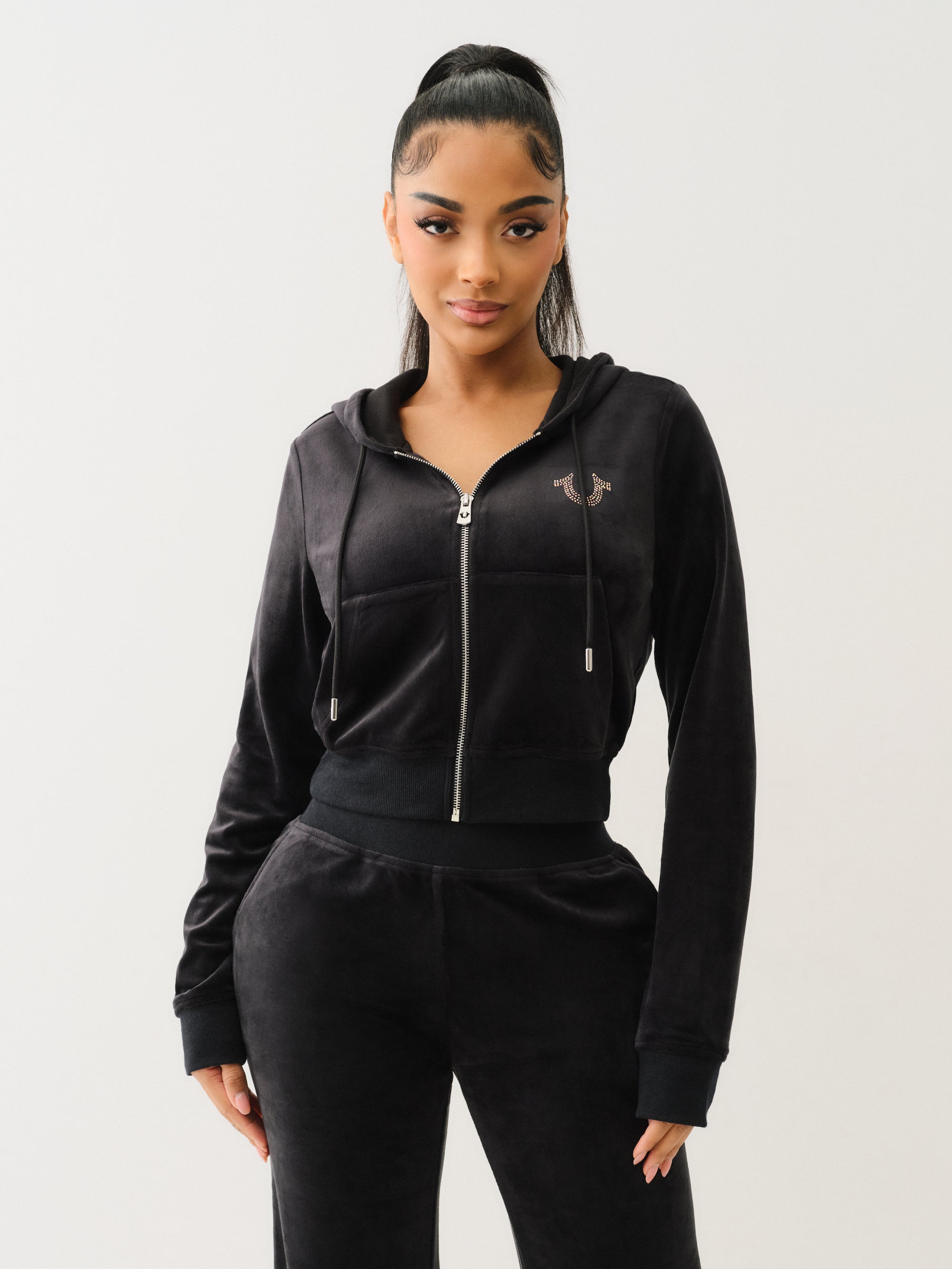 True Religion Velour Crystl Srs Shrunken Zip Jet Black