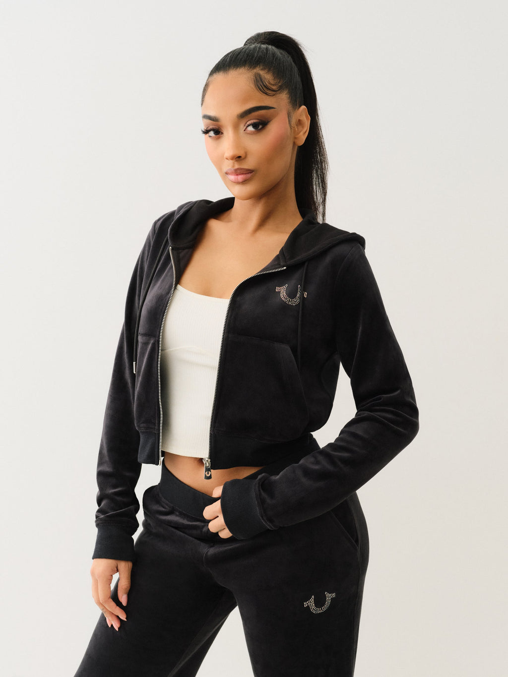 True Religion Velour Crystl Srs Shrunken Zip Jet Black