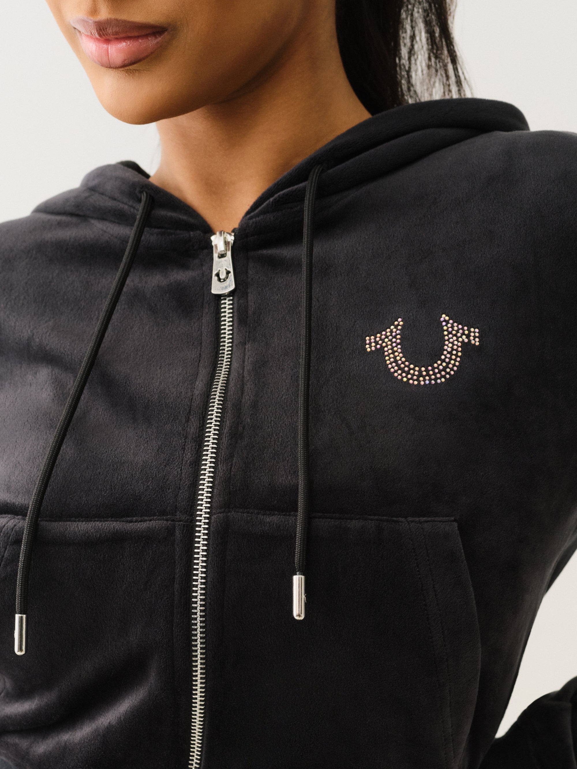 True Religion Velour Crystl Srs Shrunken Zip Jet Black