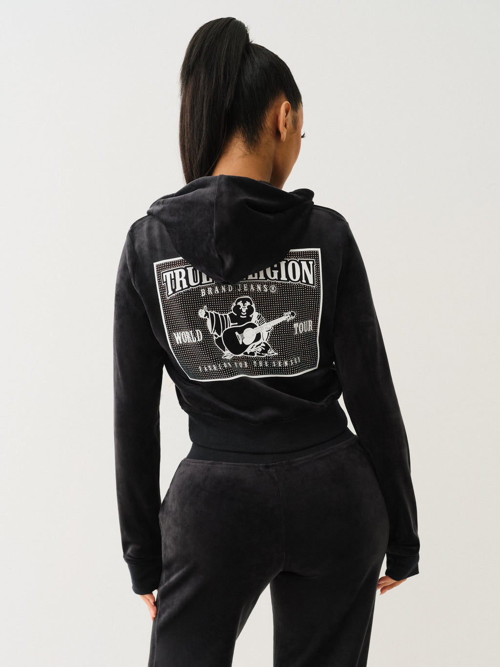 True Religion Velour Crystl Srs Shrunken Zip Jet Black
