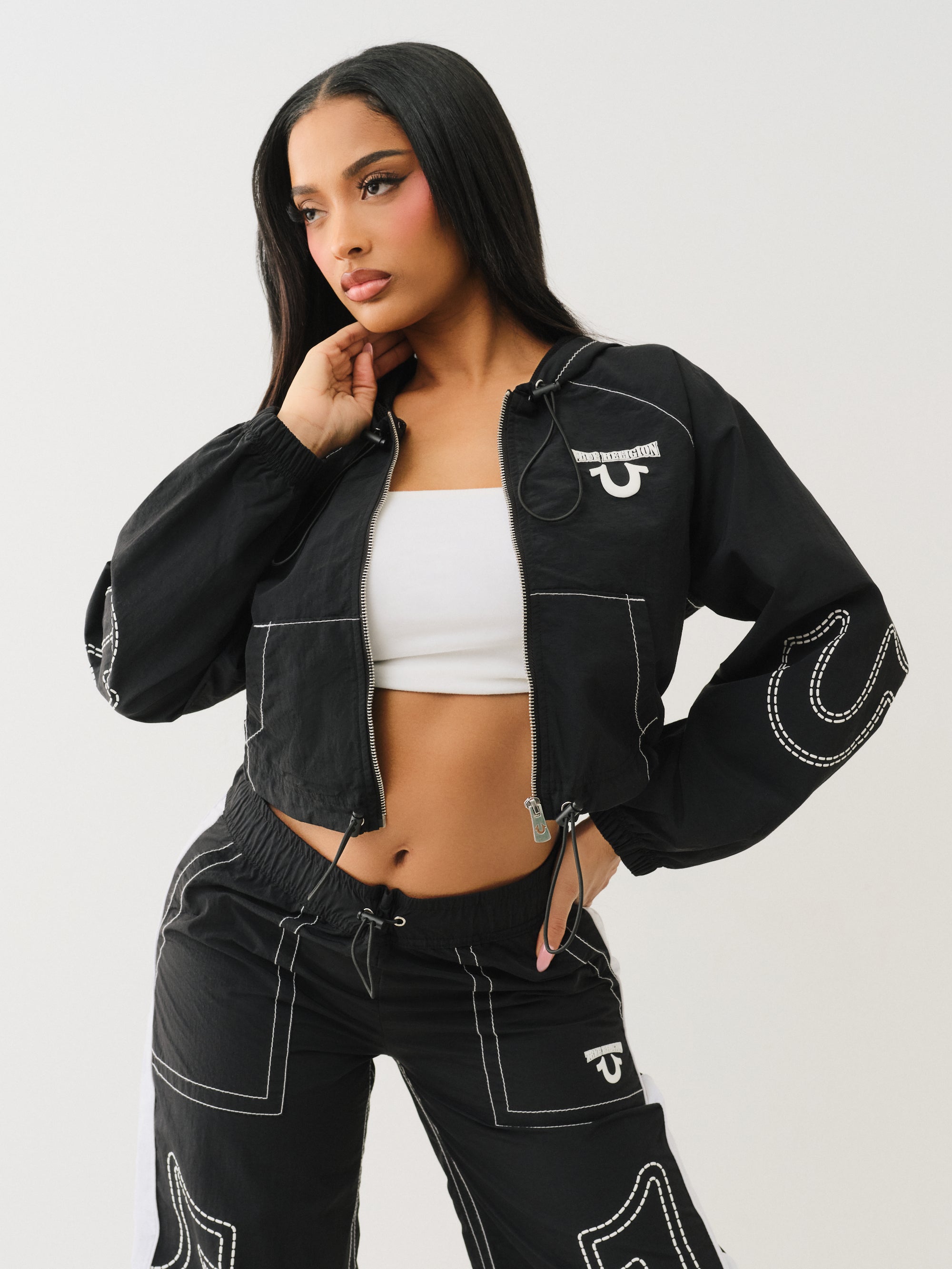 True Religion Big T Nylon Shrunkn Zip Hoodie Jet Black