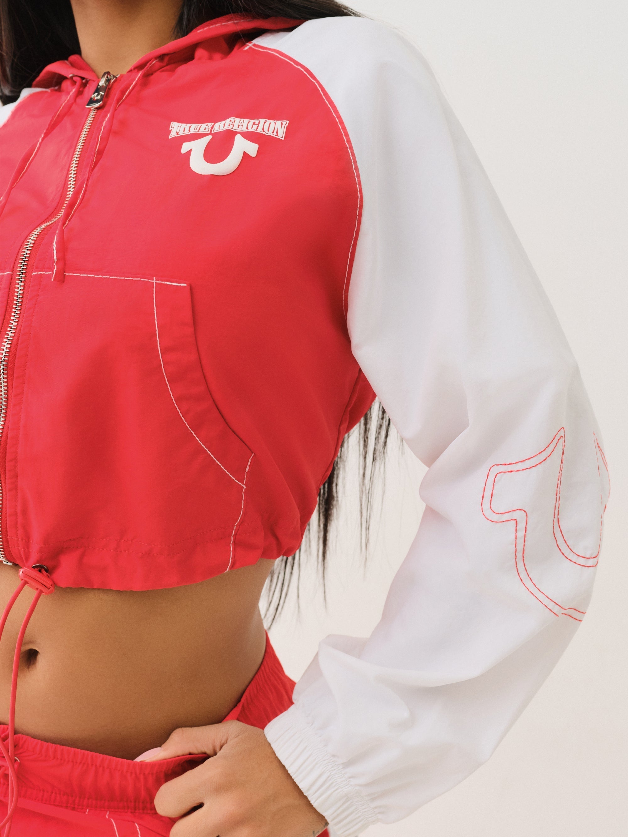 True Religion Big T Nylon Shrunkn Zip Hoodie Flame Scarlet-Optic White