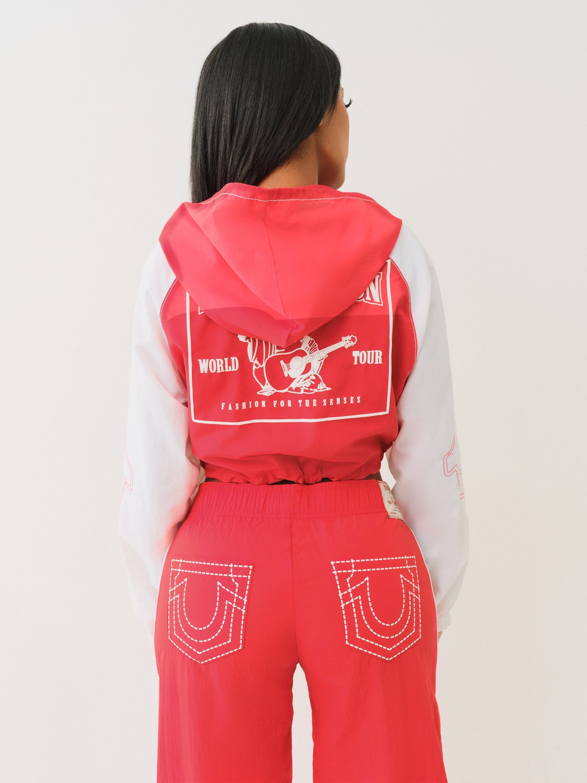 True Religion Big T Nylon Shrunkn Zip Hoodie Flame Scarlet-Optic White