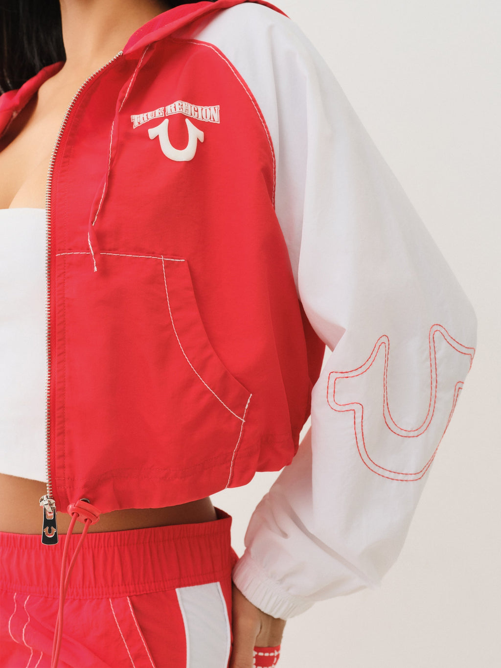 True Religion Big T Nylon Shrunkn Zip Hoodie Flame Scarlet-Optic White