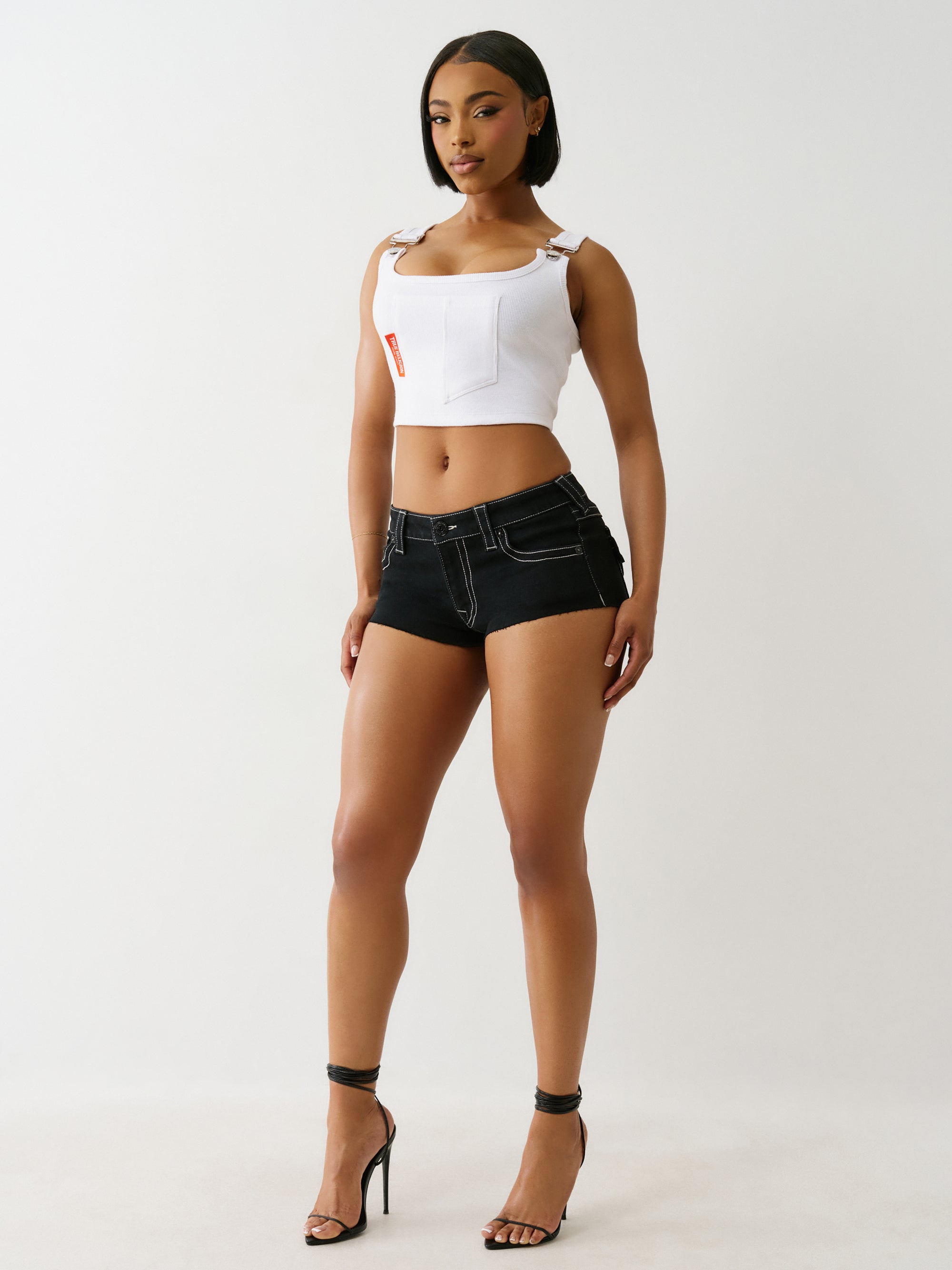 True Religion Spicy Mid Rise Short Flap 2Sb Black Rinse