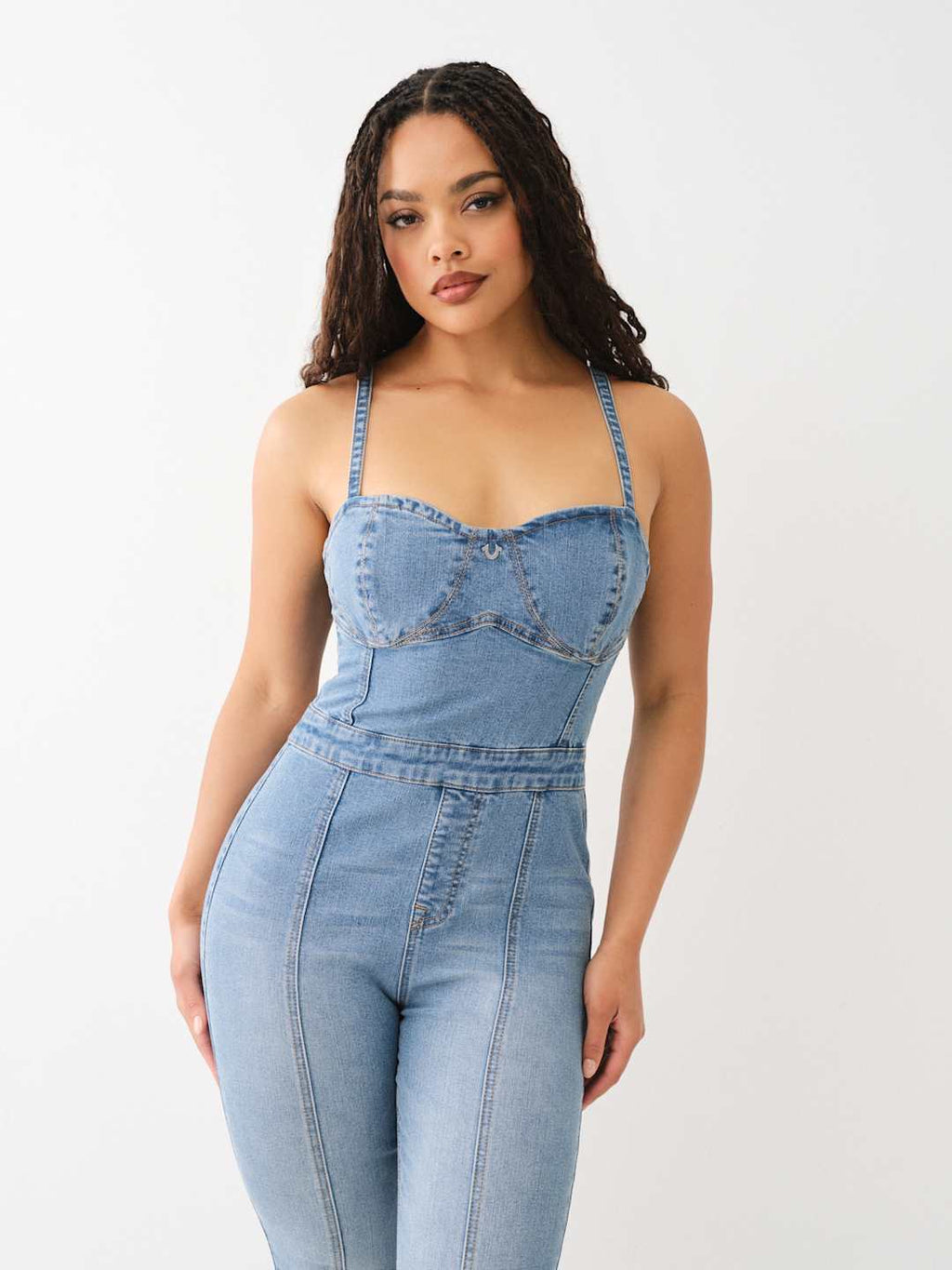 True Religion Jumpsuit Denim Zip Fitted Blue