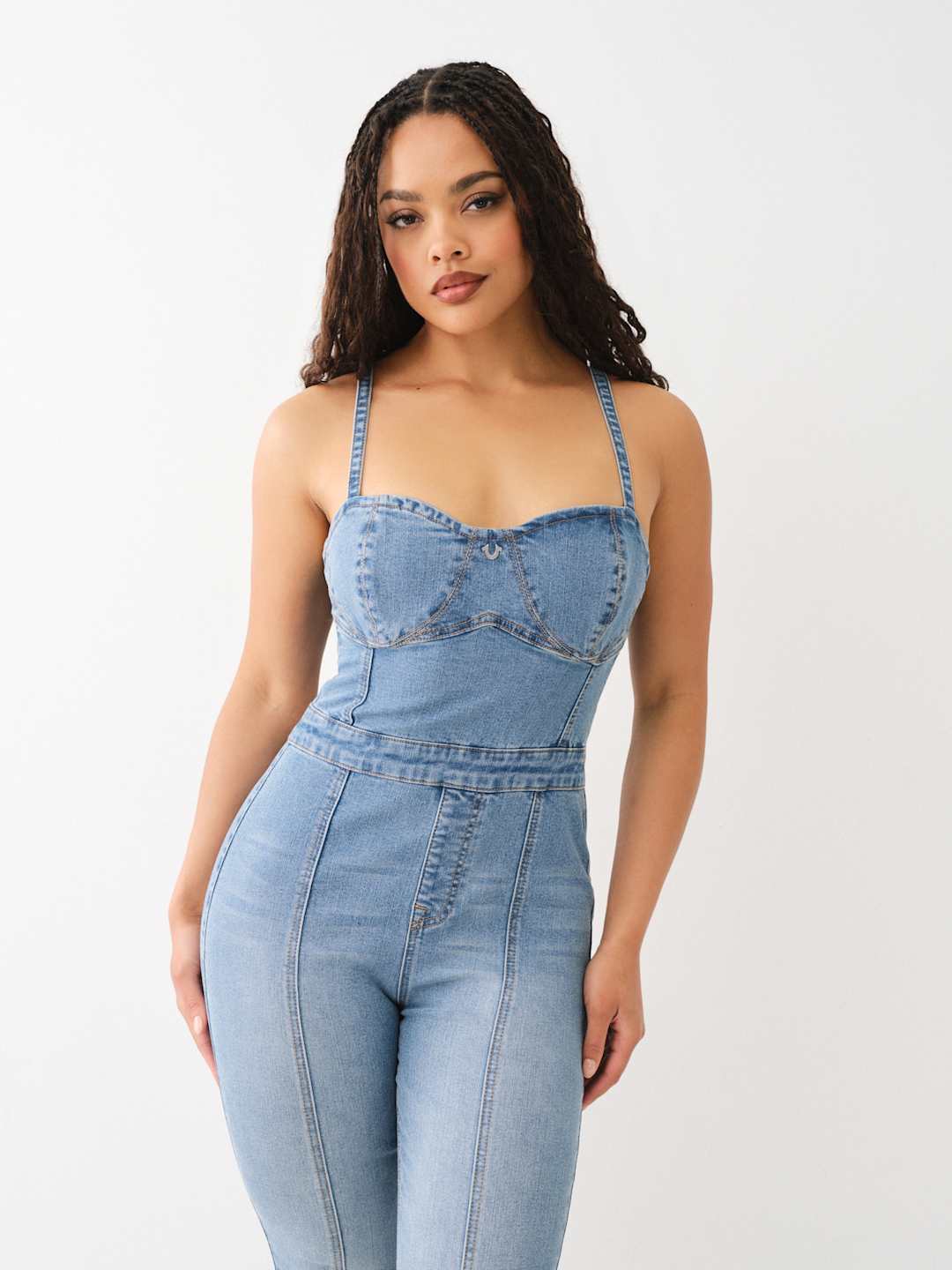 True Religion Jumpsuit Denim Zip Fitted Blue
