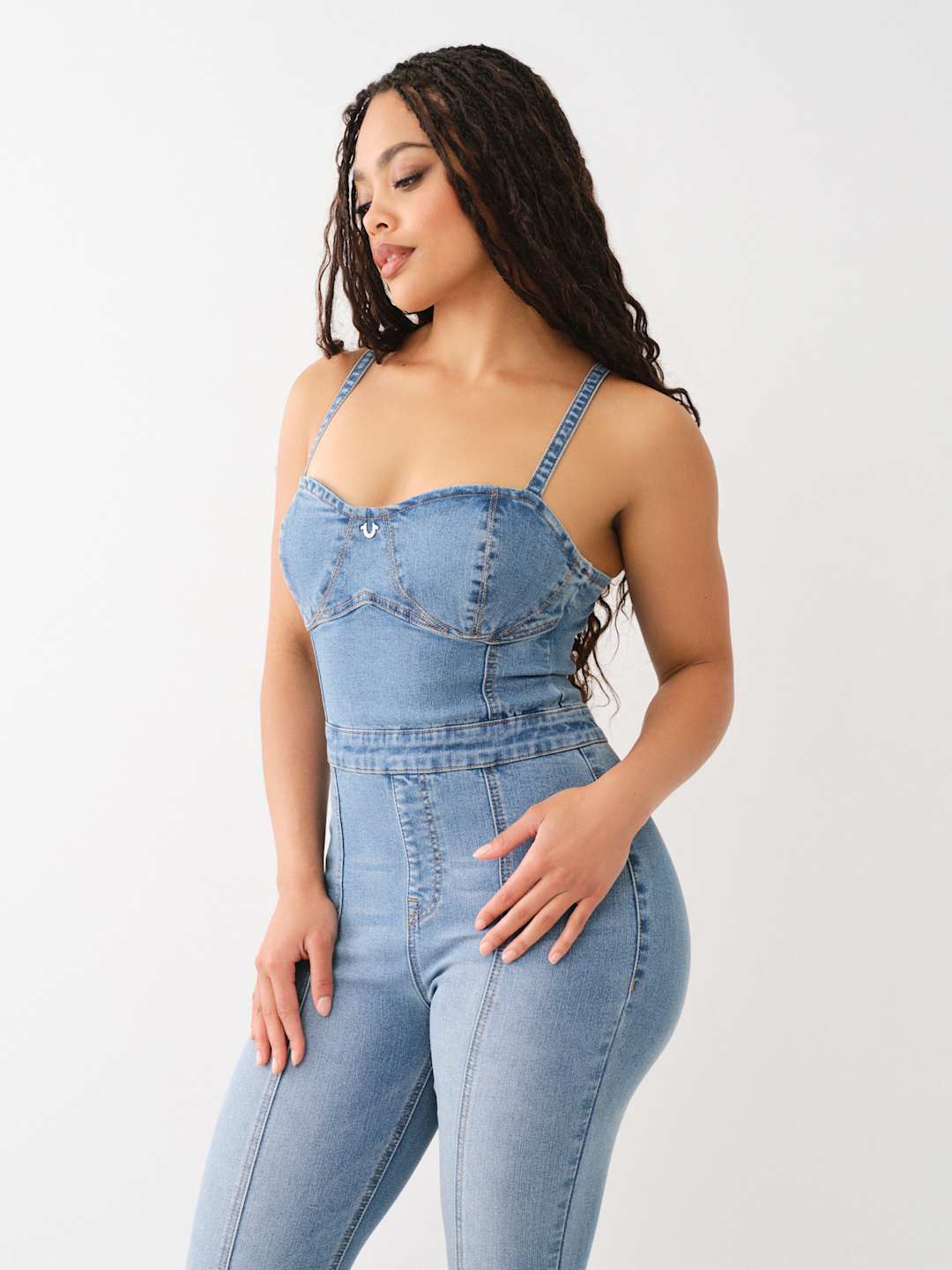 True Religion Jumpsuit Denim Zip Fitted Blue