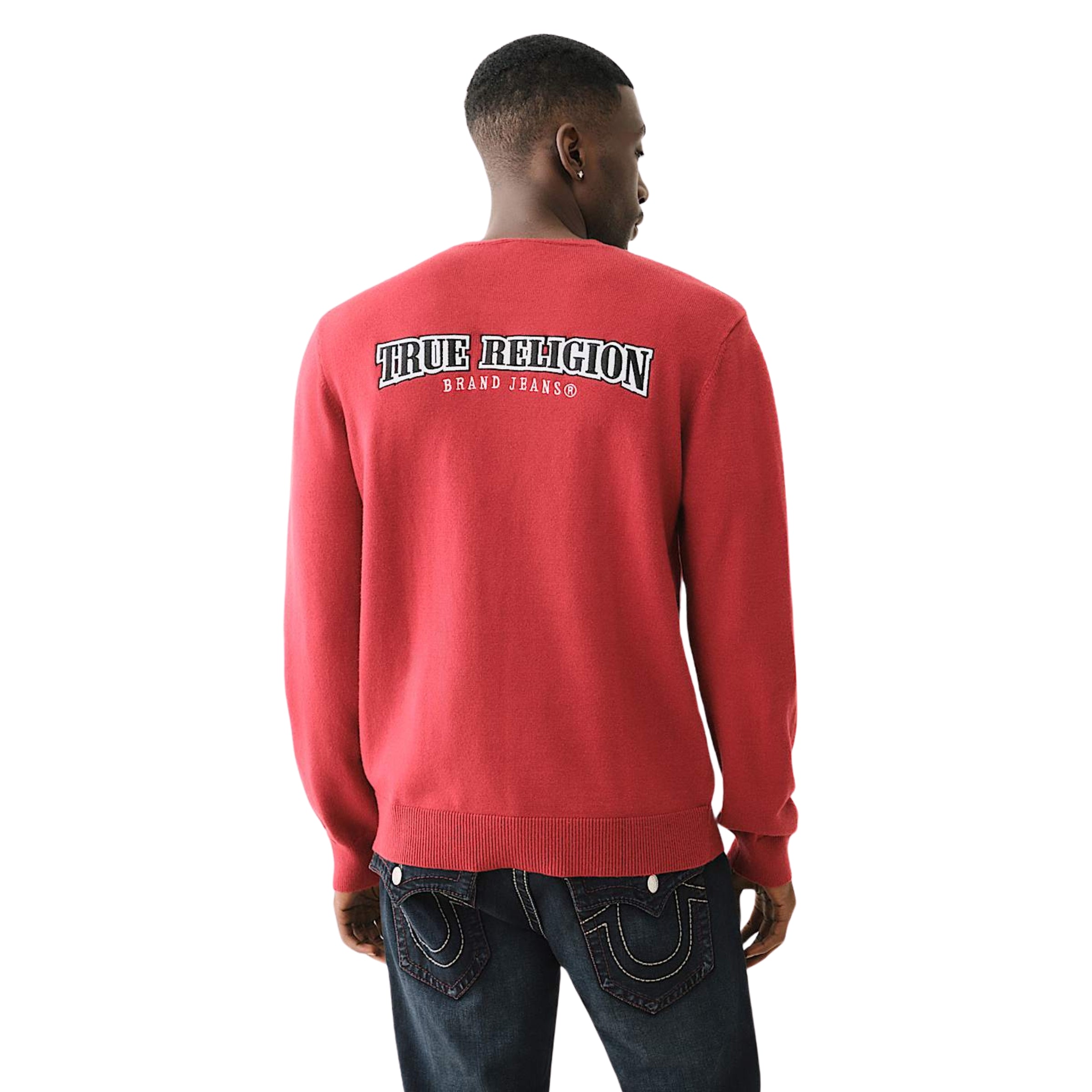 TRUE RELIGION SWEATERS SRS CREWNECK SWEATER RED DAHLIA