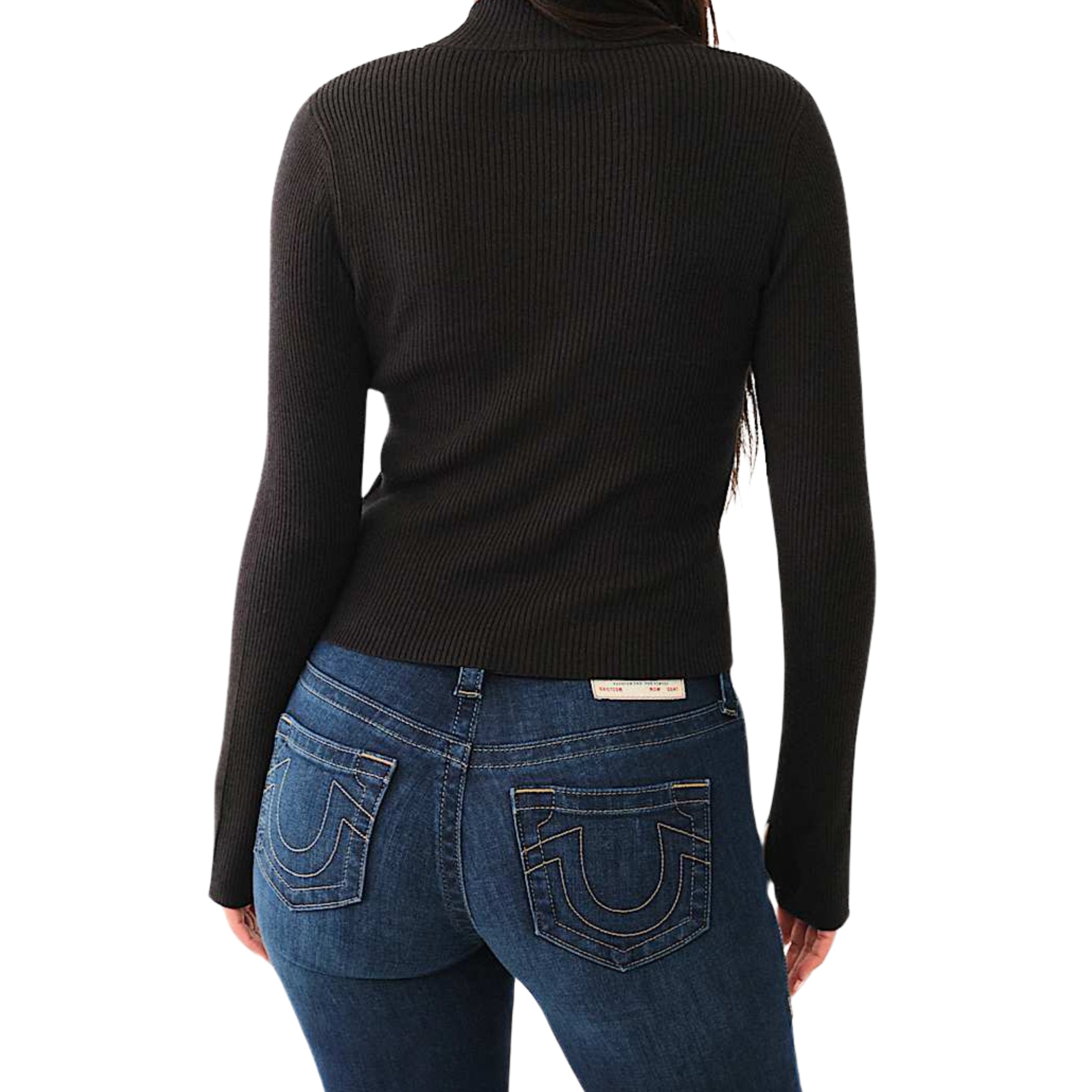 TRUE RELIGION CRYSTAL TR ZIP MOCK NECK LS JET BLACK