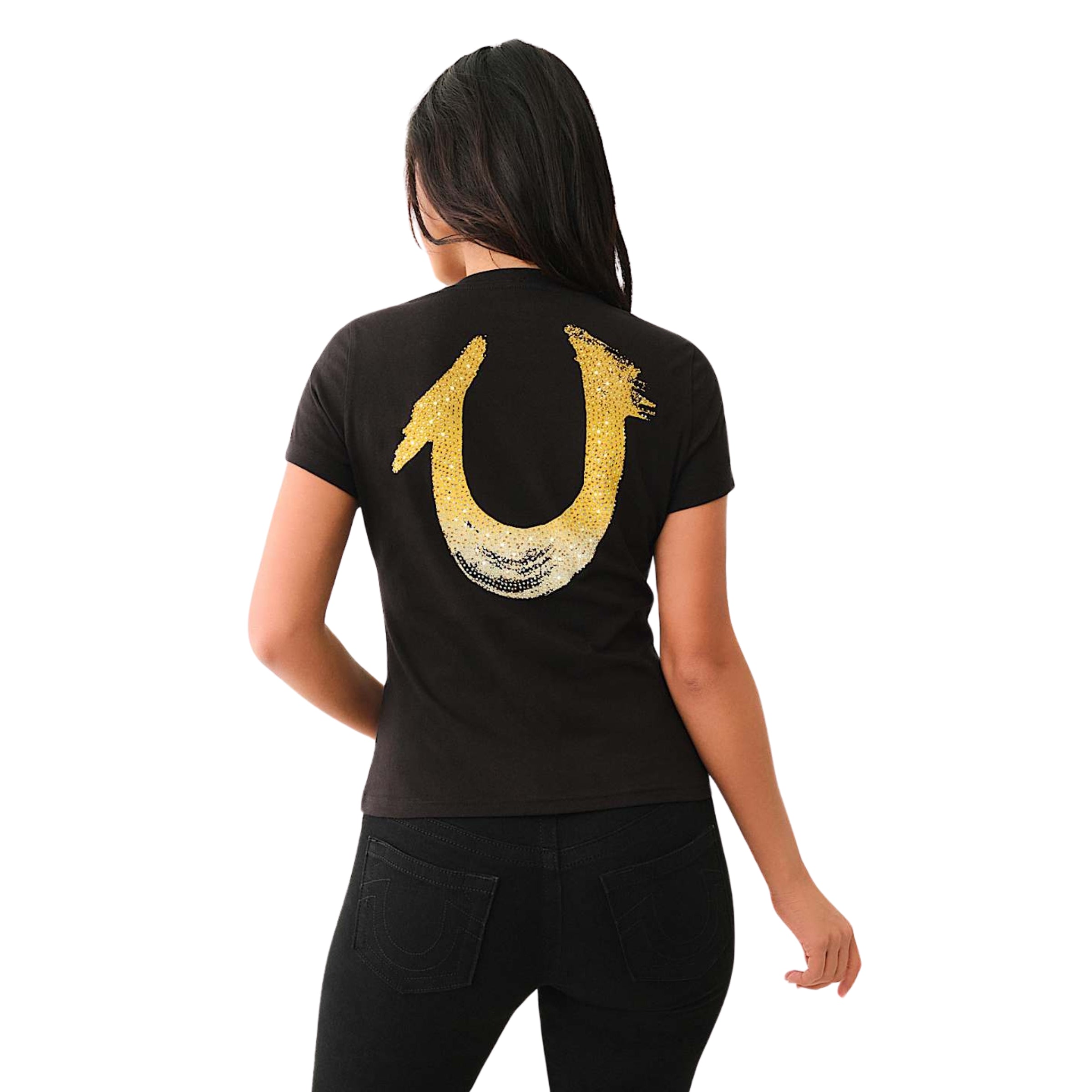 TRUE RELIGION HS OMBRE CRYSTALS V NECK TEE JET BLACK