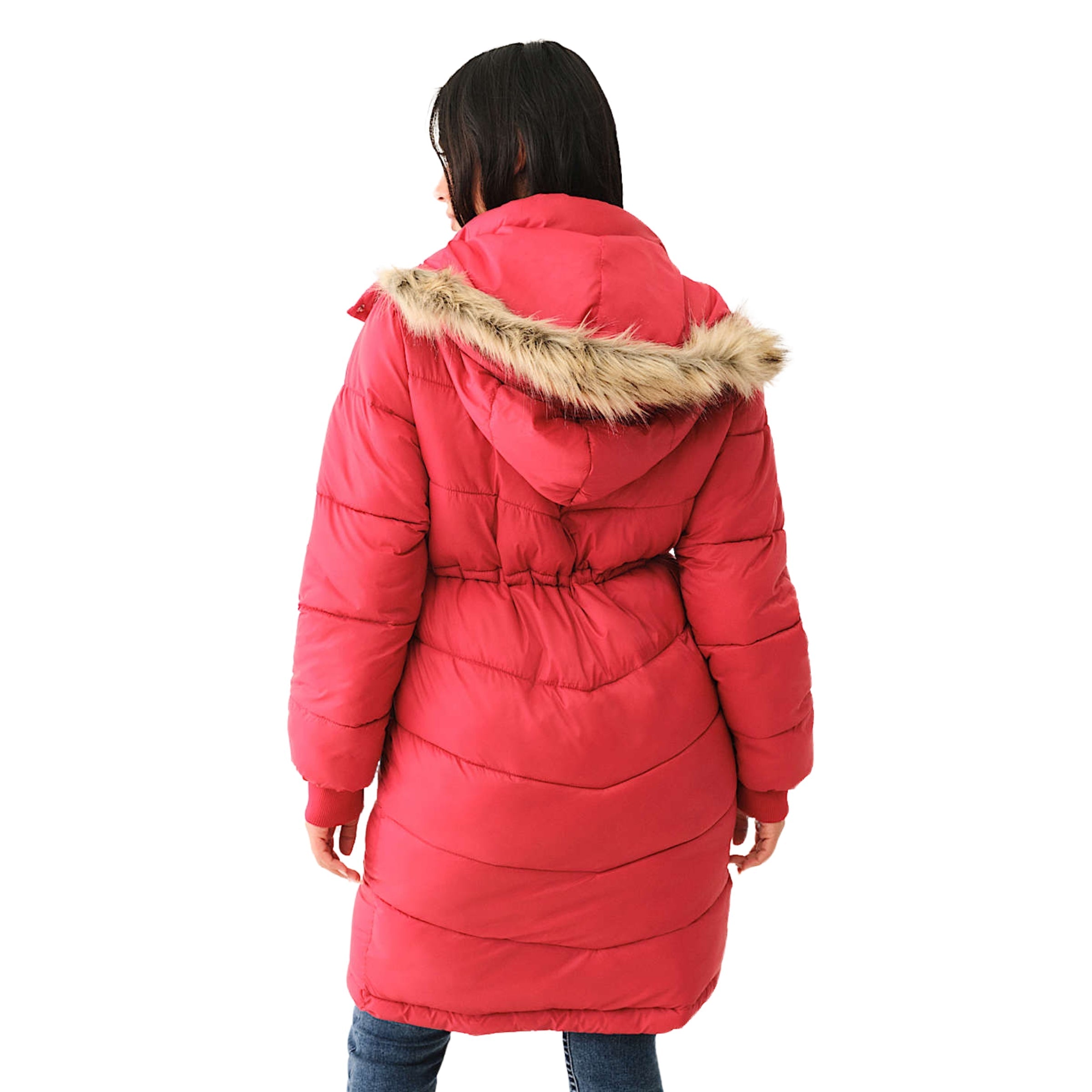TRUE RELIGION FUR LINED HOODED PUFFER JACKET APPLE RED
