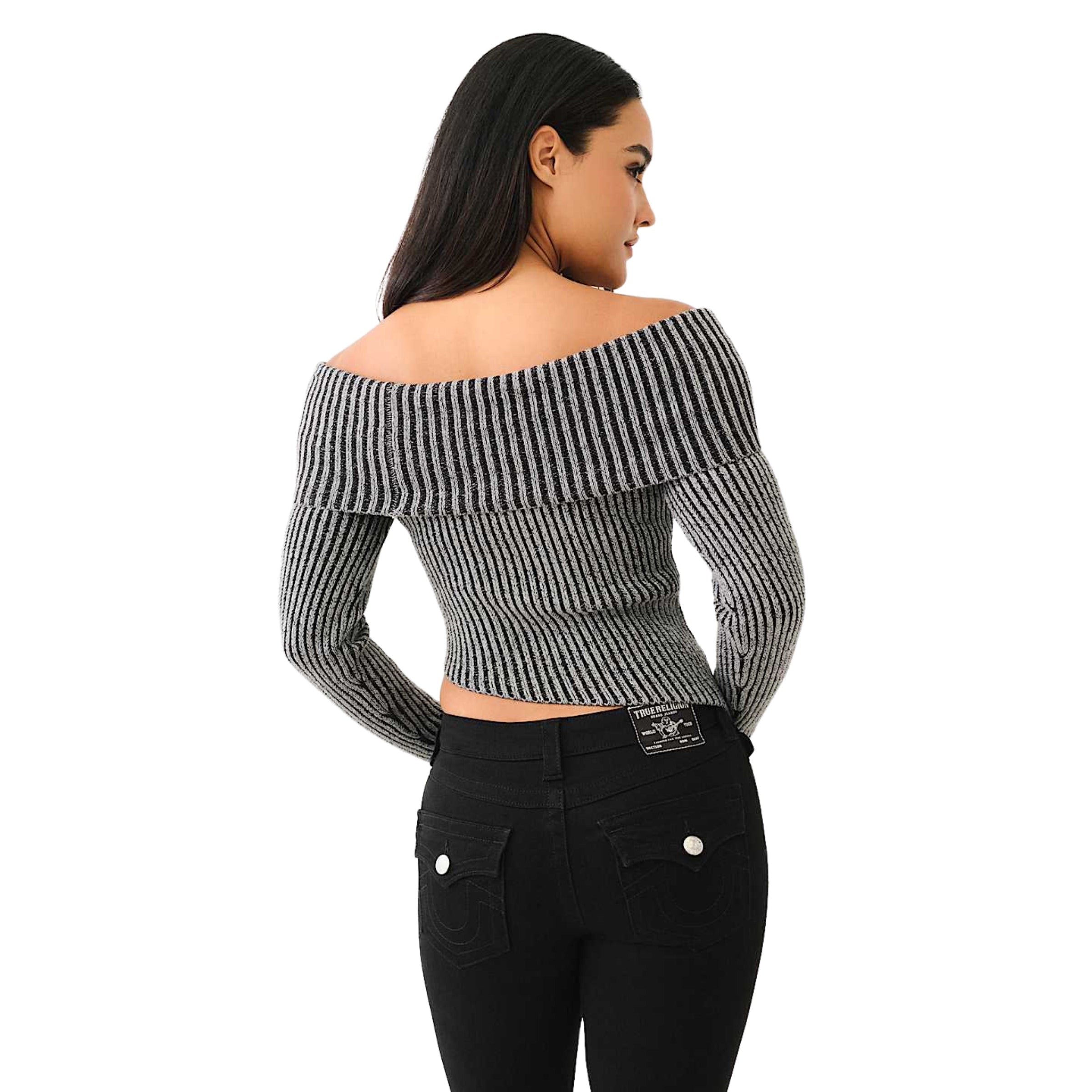 TRUE RELIGION HS LOGO OFF SHOULDER SWEATER WASHED BLACK