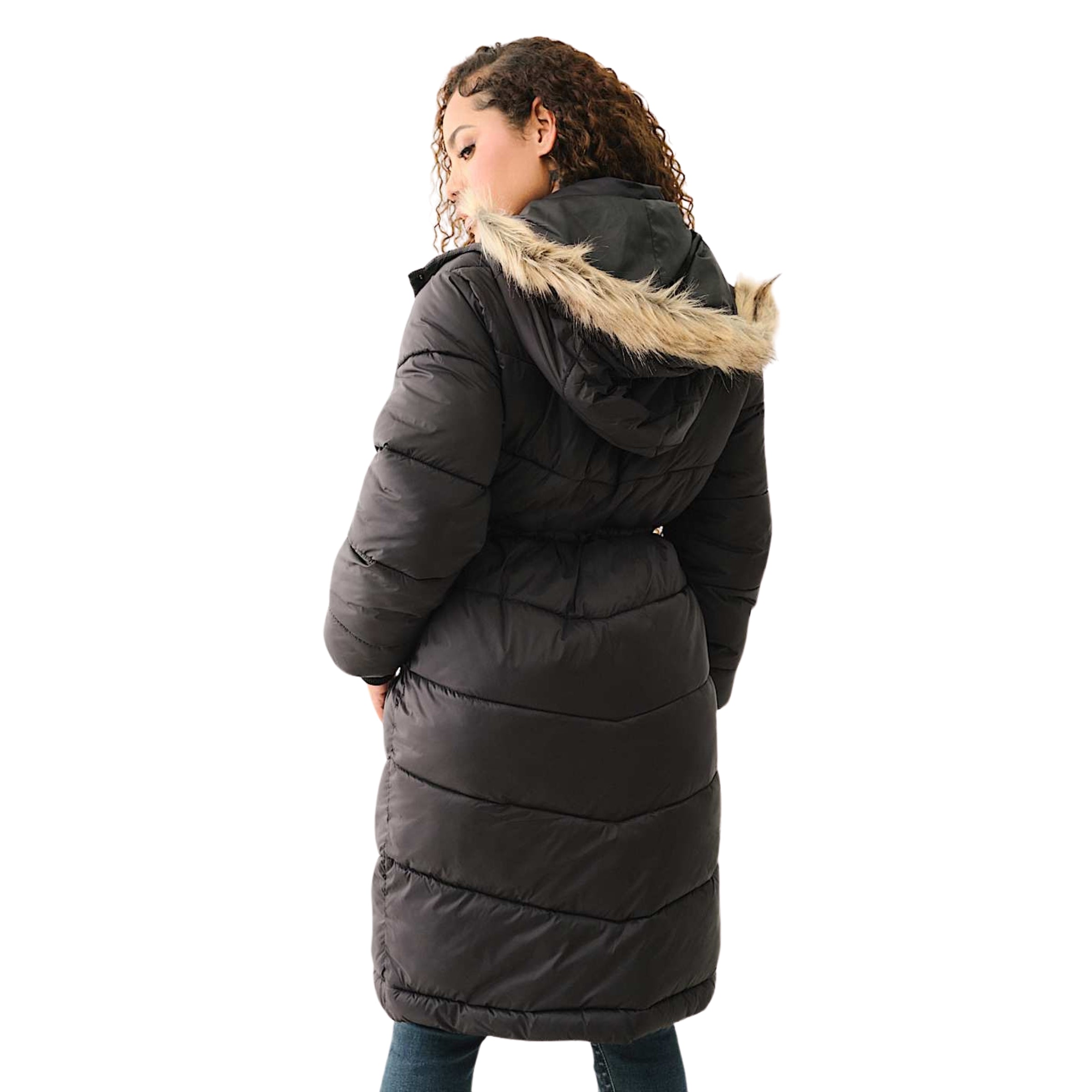 FUR LINED HOODED PUFFER JACKET JET BLACK