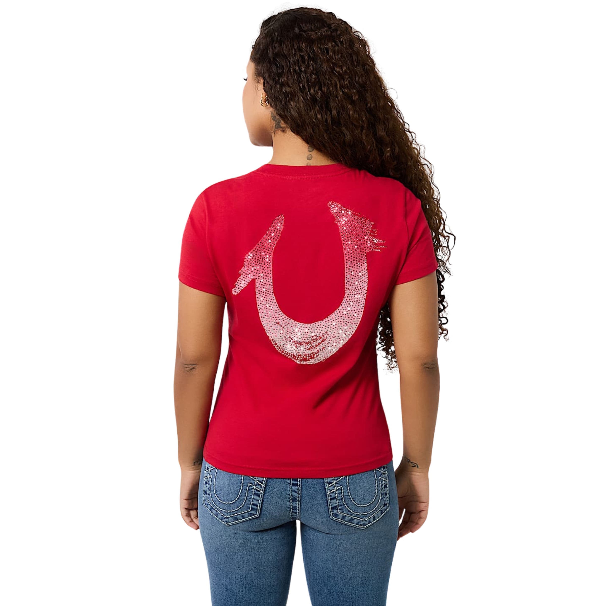 TRUE RELIGION HS OMBRE CRYSTALS V NECK TEE APPLE RED