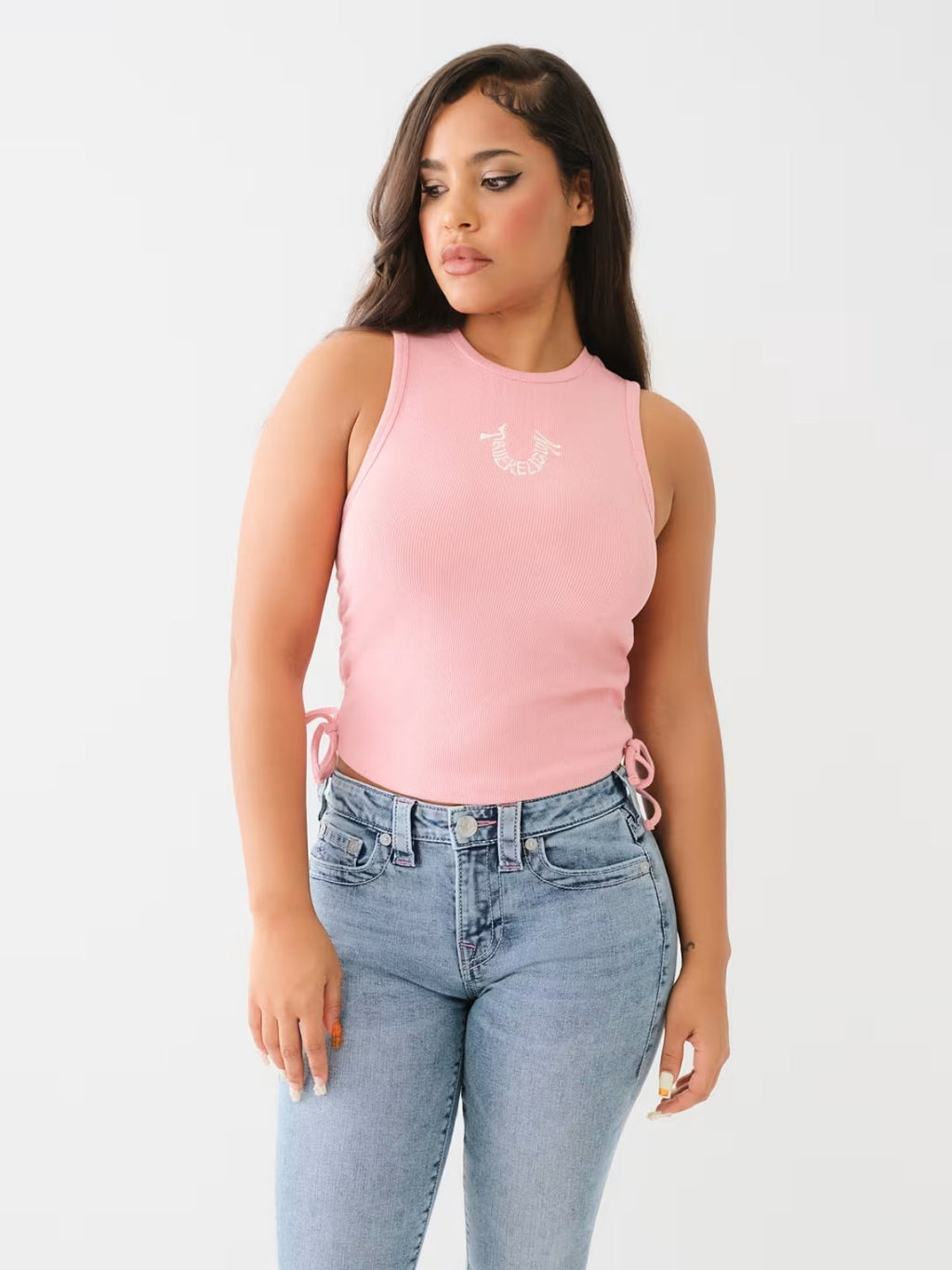 True Religion Embroidery Tank Side Ruched Rosebud