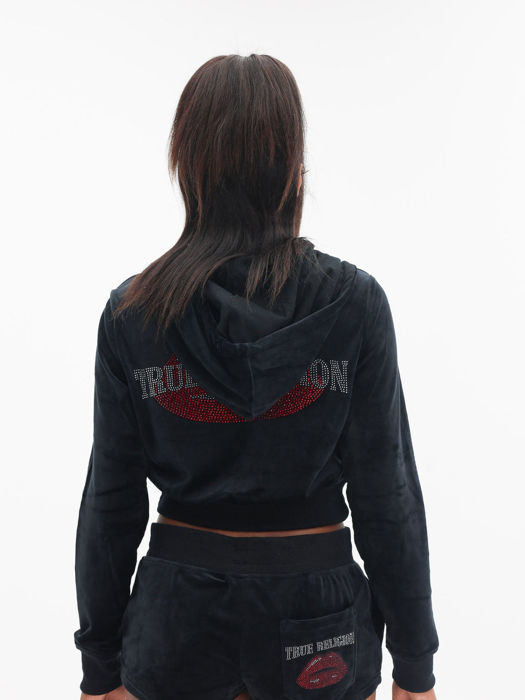 True Religion Crystl Lips Shrunken Hoodie Jet Black
