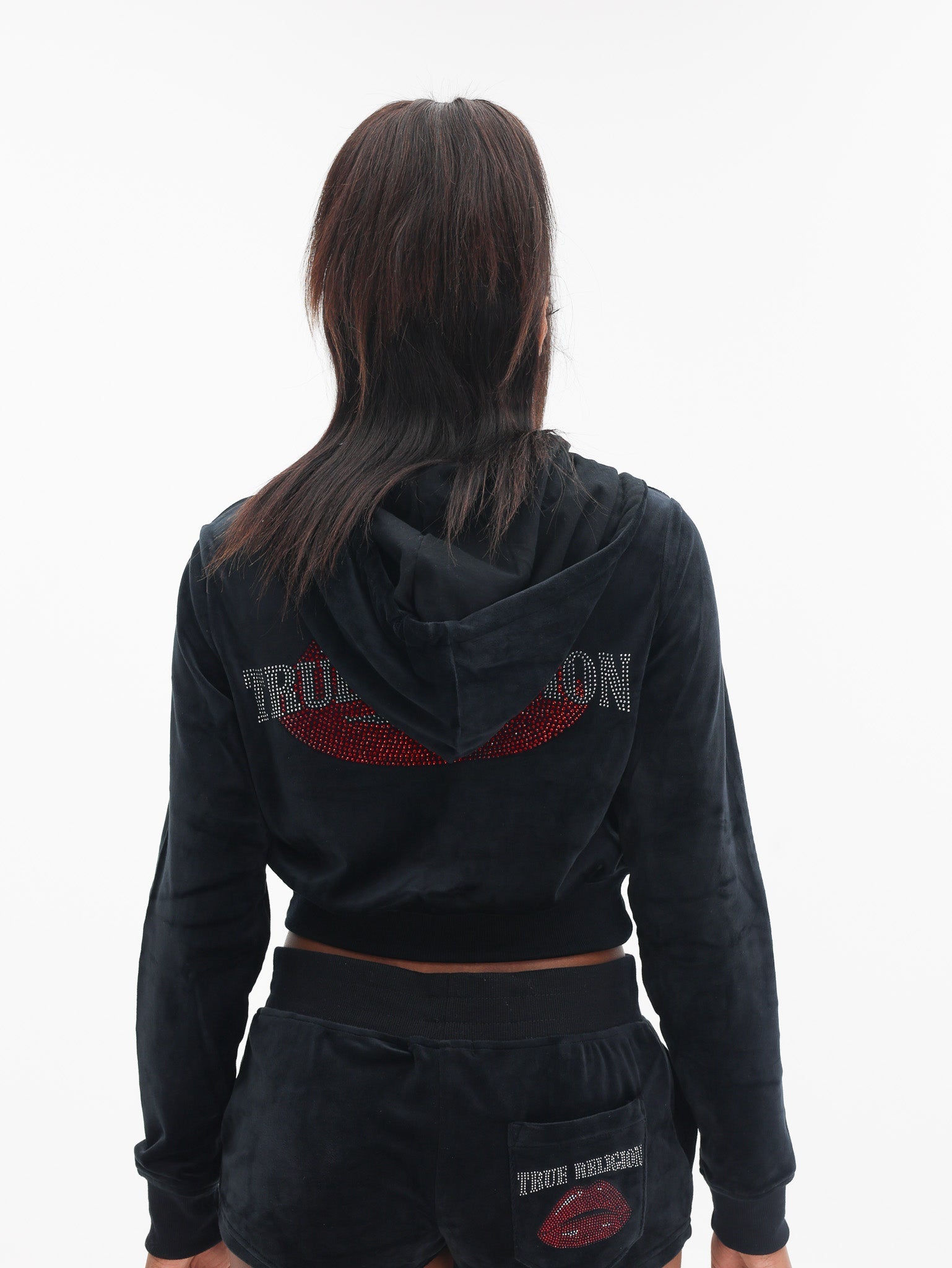 True Religion Crystl Lips Shrunken Hoodie Jet Black