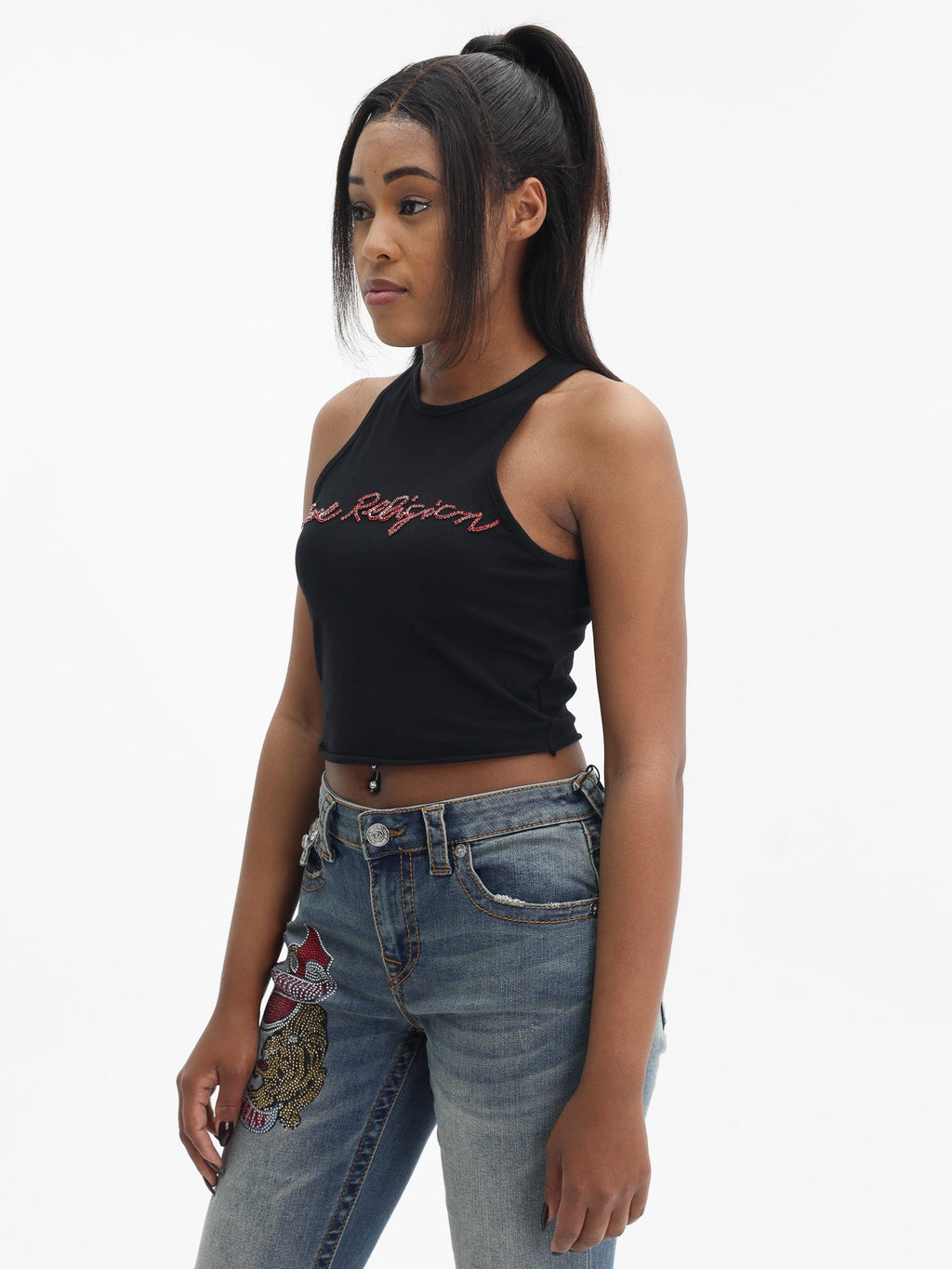 True Religion Crystal Tr Crop Tank Jet Black
