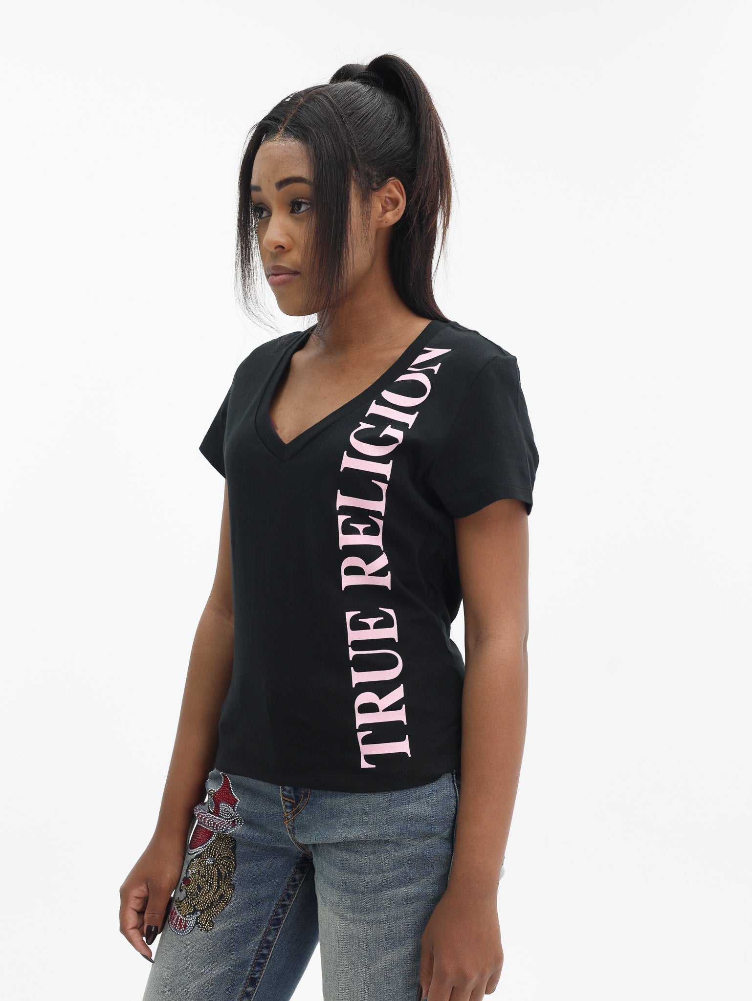 True Religion Vertical Tr V Nk Tee Jet Black