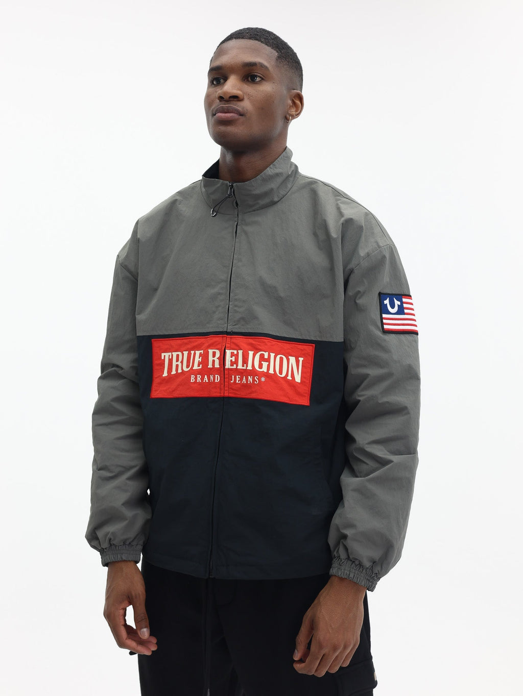 True Religion Color Block Windbreaker Jet Black-Granite Grey