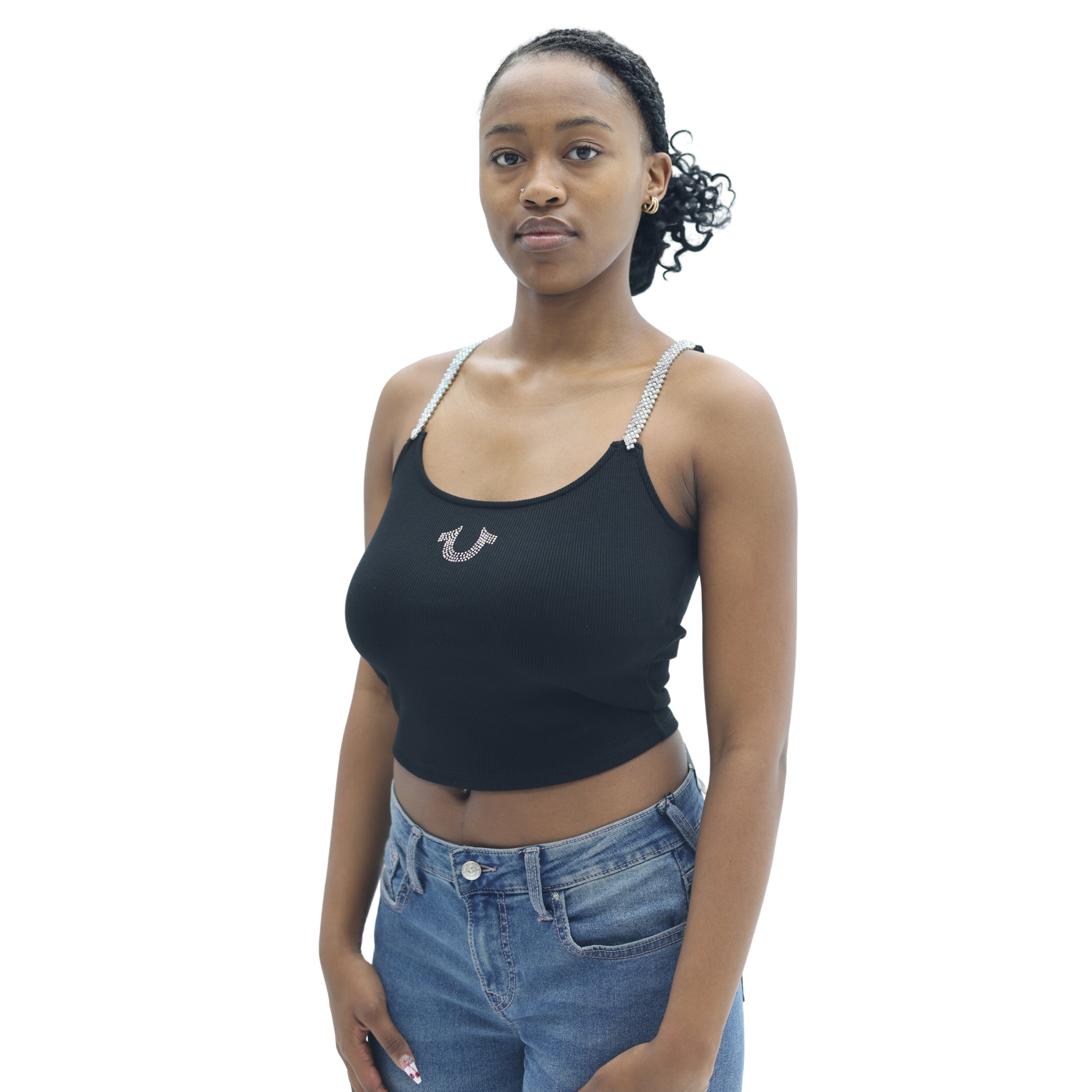 TRUE RELIGION CRYSTAL STRAP RIB TOP JET BLACK