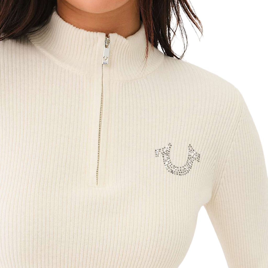 TRUE RELIGION CRYSTAL TR ZIP MOCK NECK LS WINTER WHITE