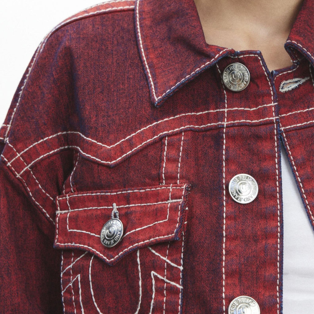 TRUE RELIGION BIG T BOYFRIEND TRUCKER JACKET INDIGO RED
