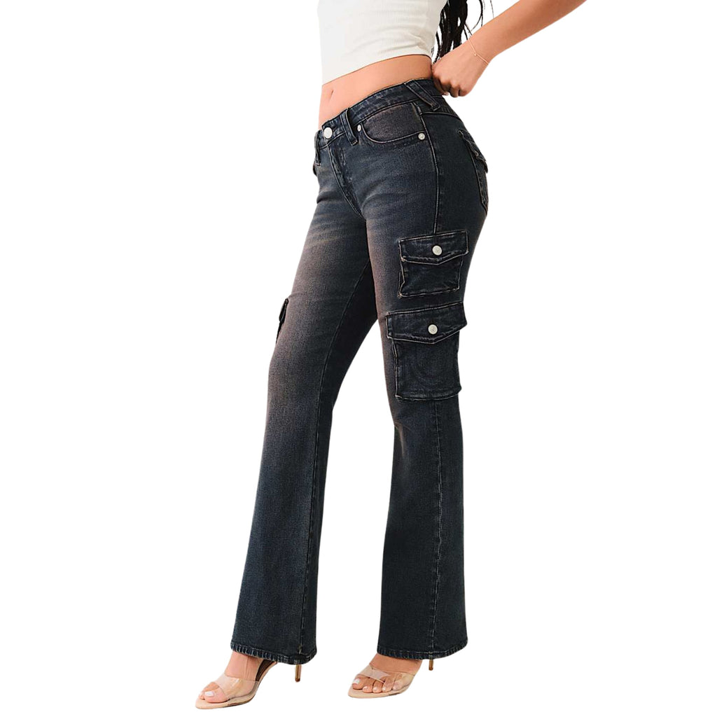 TRUE RELIGION MR BECCA CARGO BOOTCUT FLAP DARK WASH