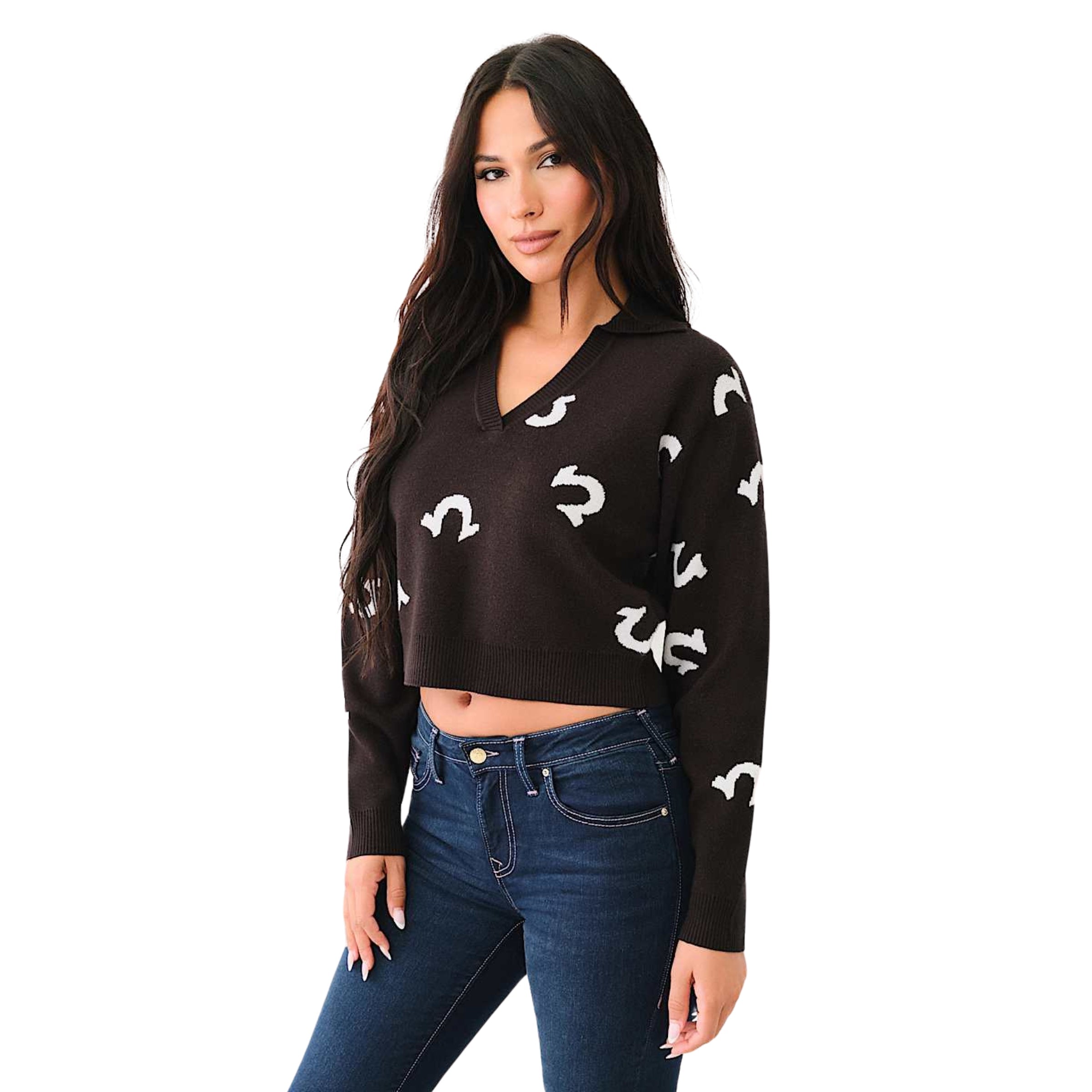 TRUE RELIGION NOTCH COLLAR HS SWEATER JET BLACK