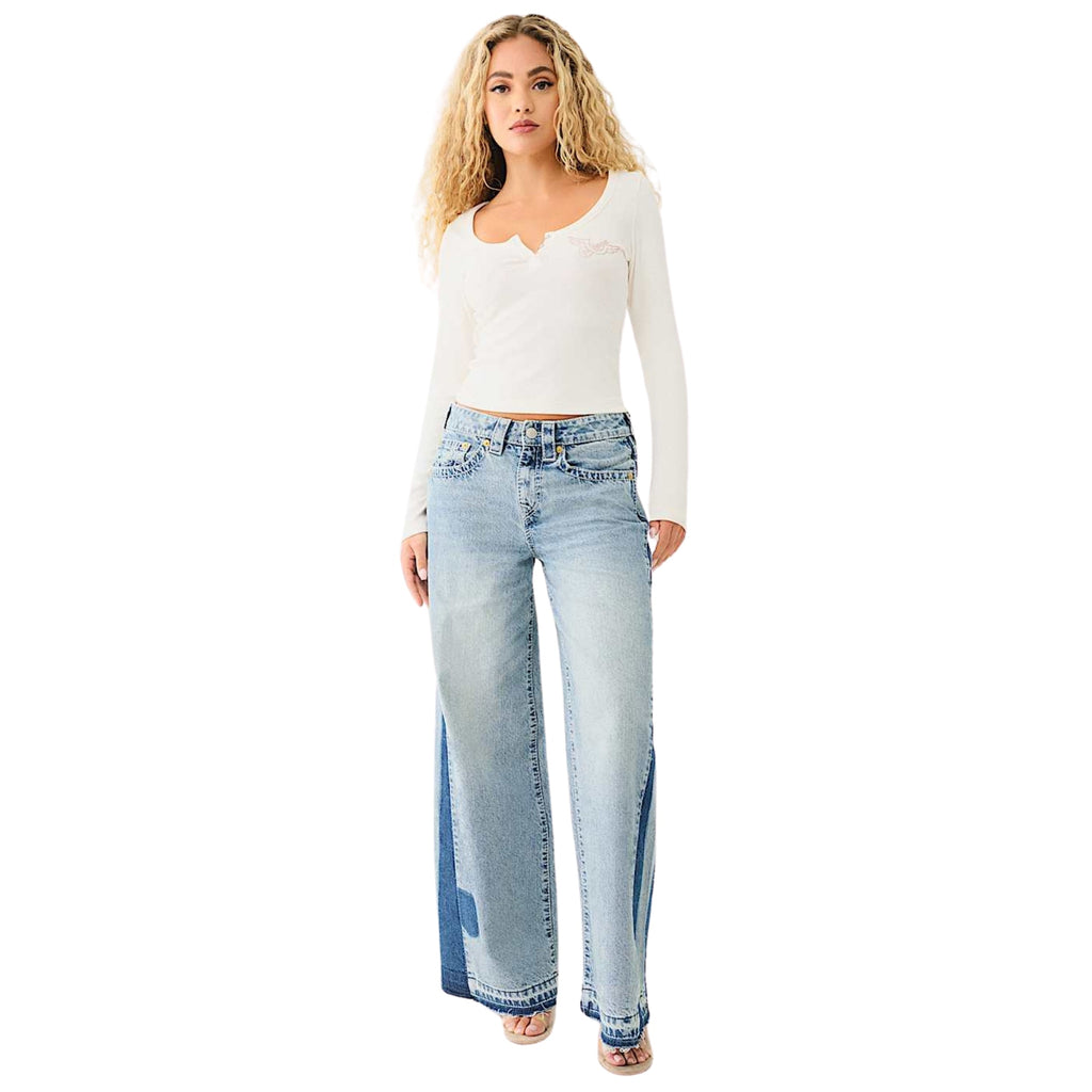 TRUE RELIGION CREW SCOOP NECK LS HENLEY RIB TOP WINTER WHITE