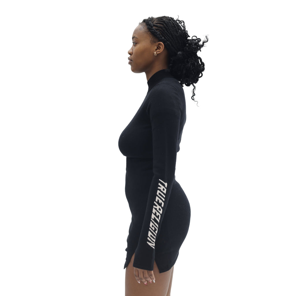 TRUE RELIGION MOTO BRANDED SWEATER DRESS JET BLACK