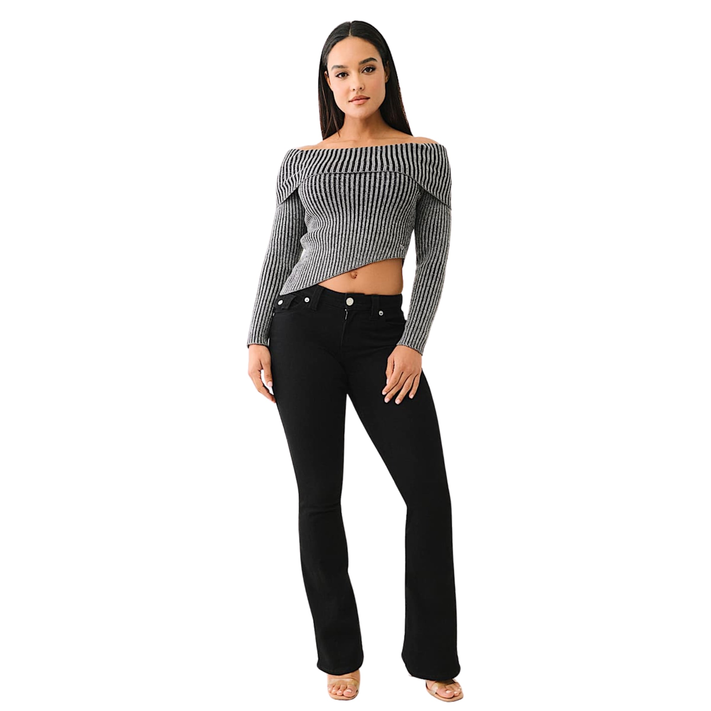 TRUE RELIGION HS LOGO OFF SHOULDER SWEATER WASHED BLACK