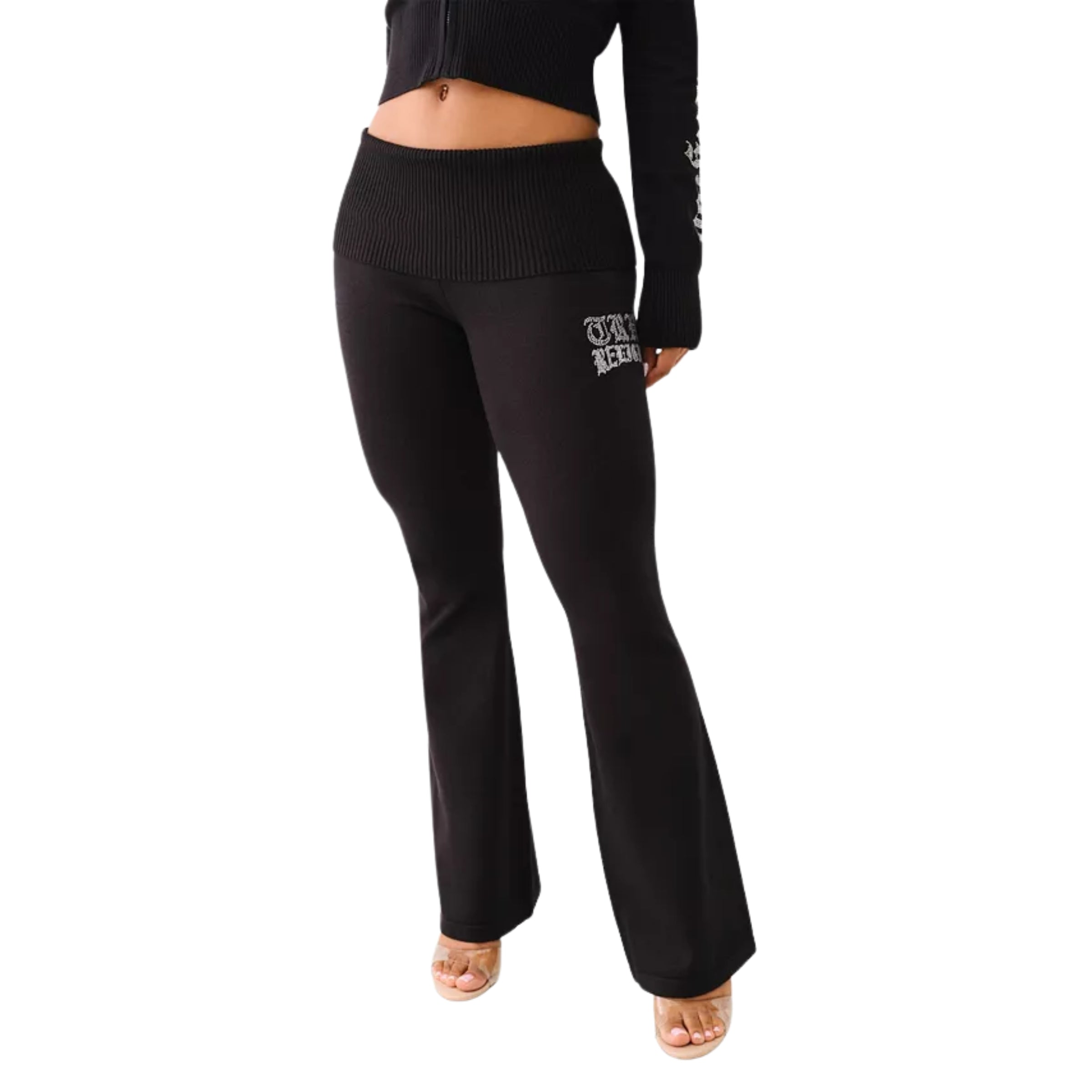 TRUE RELIGION FOLD OVER SWEATER FLARE PANTS JET BLACK