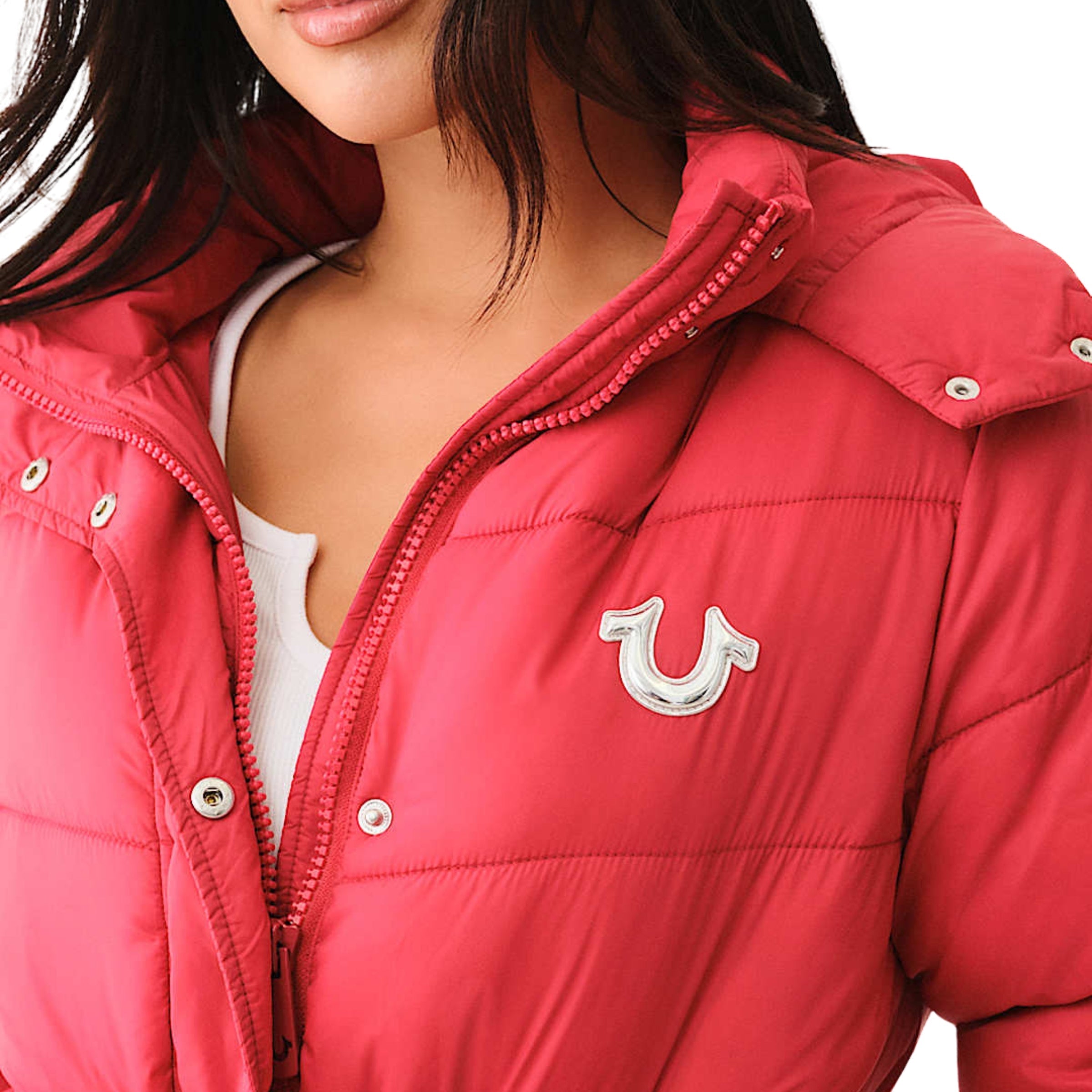 TRUE RELIGION FUR LINED HOODED PUFFER JACKET APPLE RED