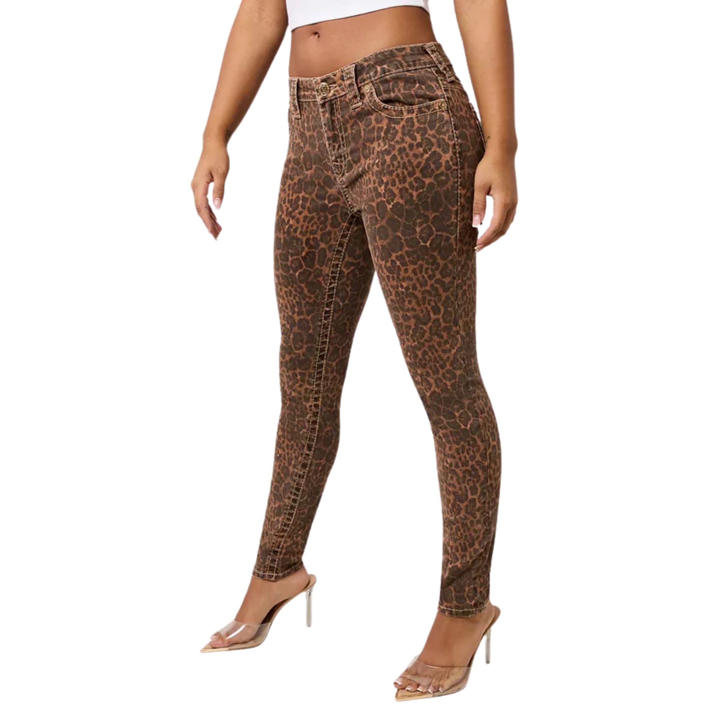 TRUE RELIGION BIG T MID RISE JENNIE SKINNY LEOPARD PRINT