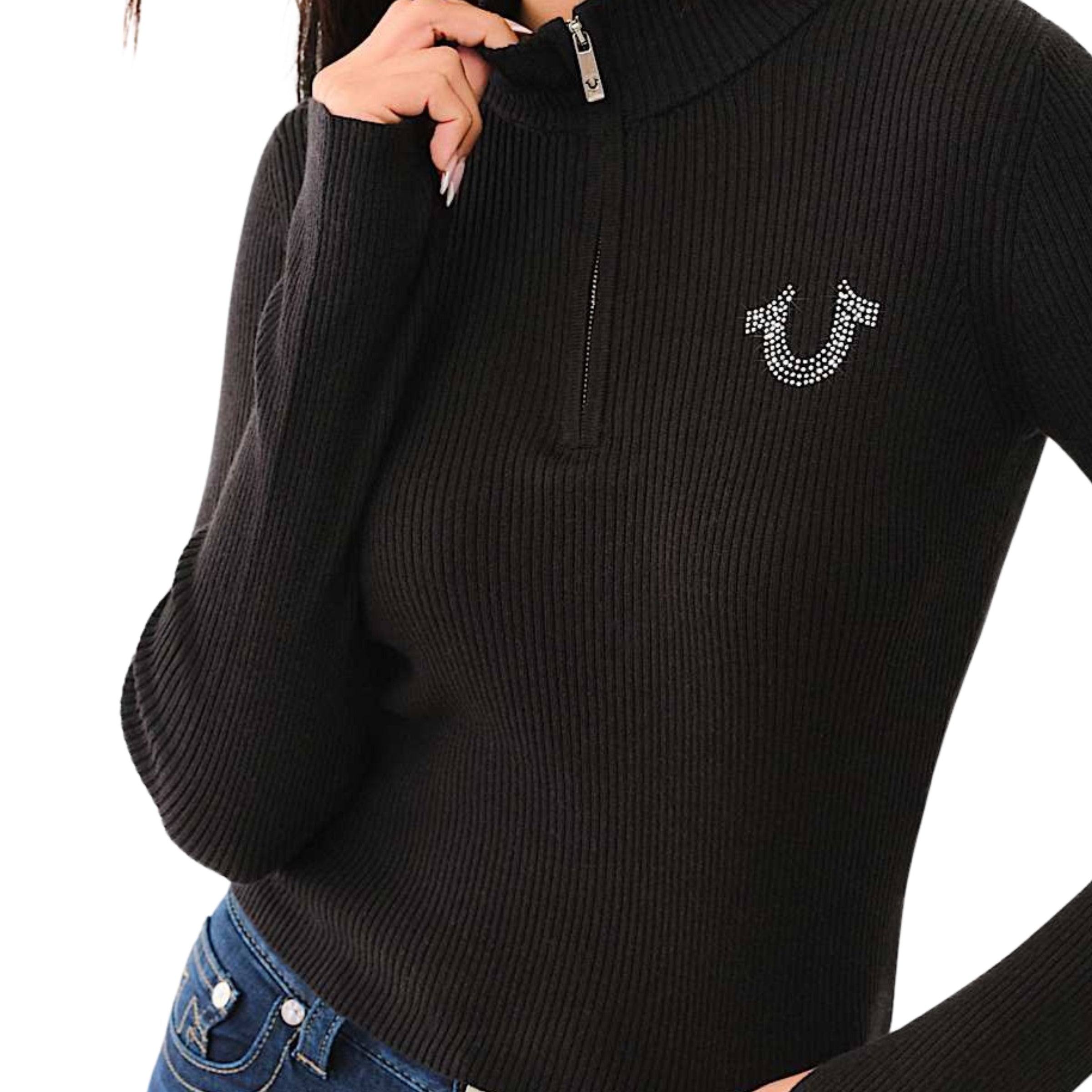 TRUE RELIGION CRYSTAL TR ZIP MOCK NECK LS JET BLACK
