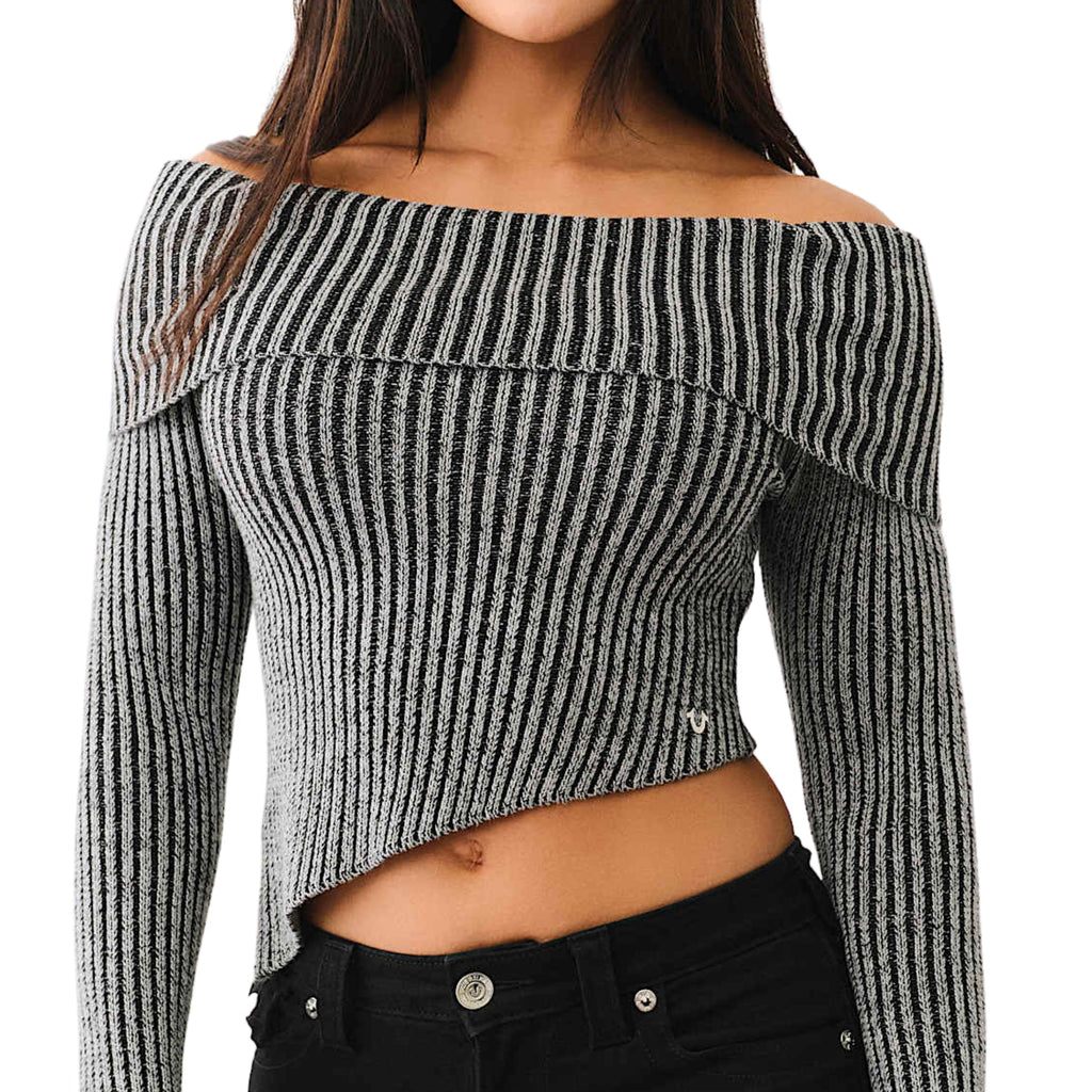 TRUE RELIGION HS LOGO OFF SHOULDER SWEATER WASHED BLACK