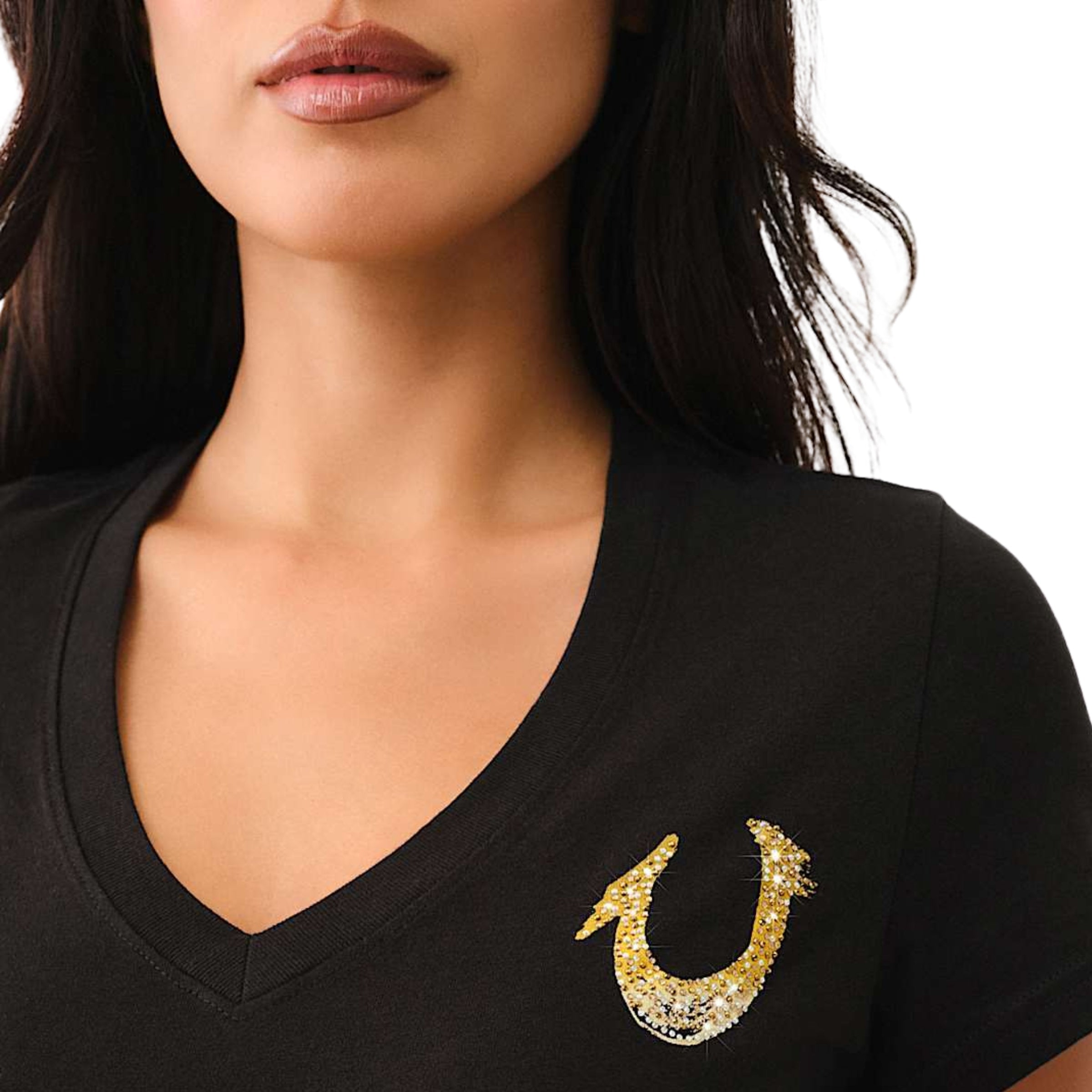 TRUE RELIGION HS OMBRE CRYSTALS V NECK TEE JET BLACK