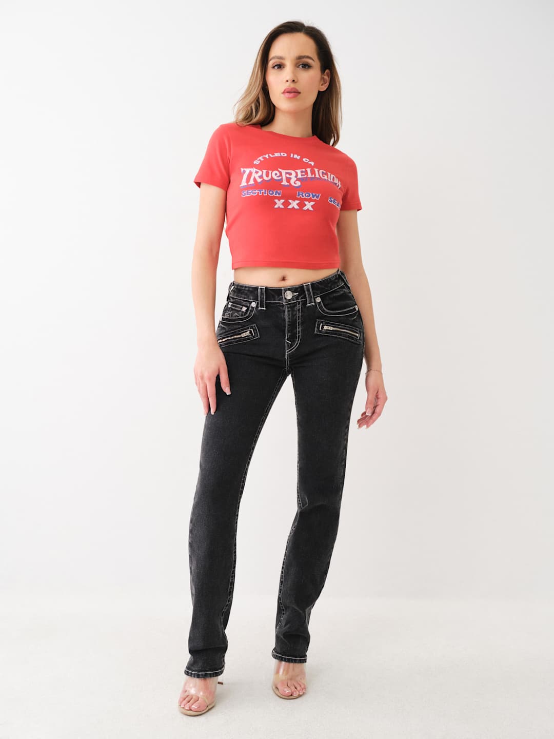 True Religion Billie Jeans Mid Rise Moto Straight Black