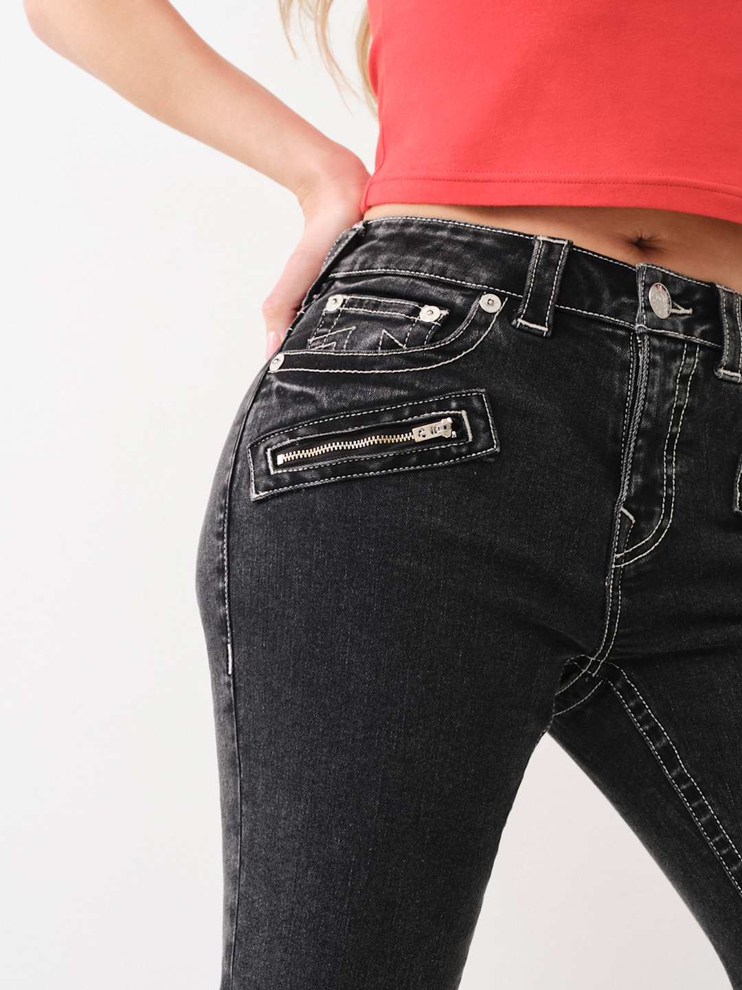 True Religion Billie Jeans Mid Rise Moto Straight Black