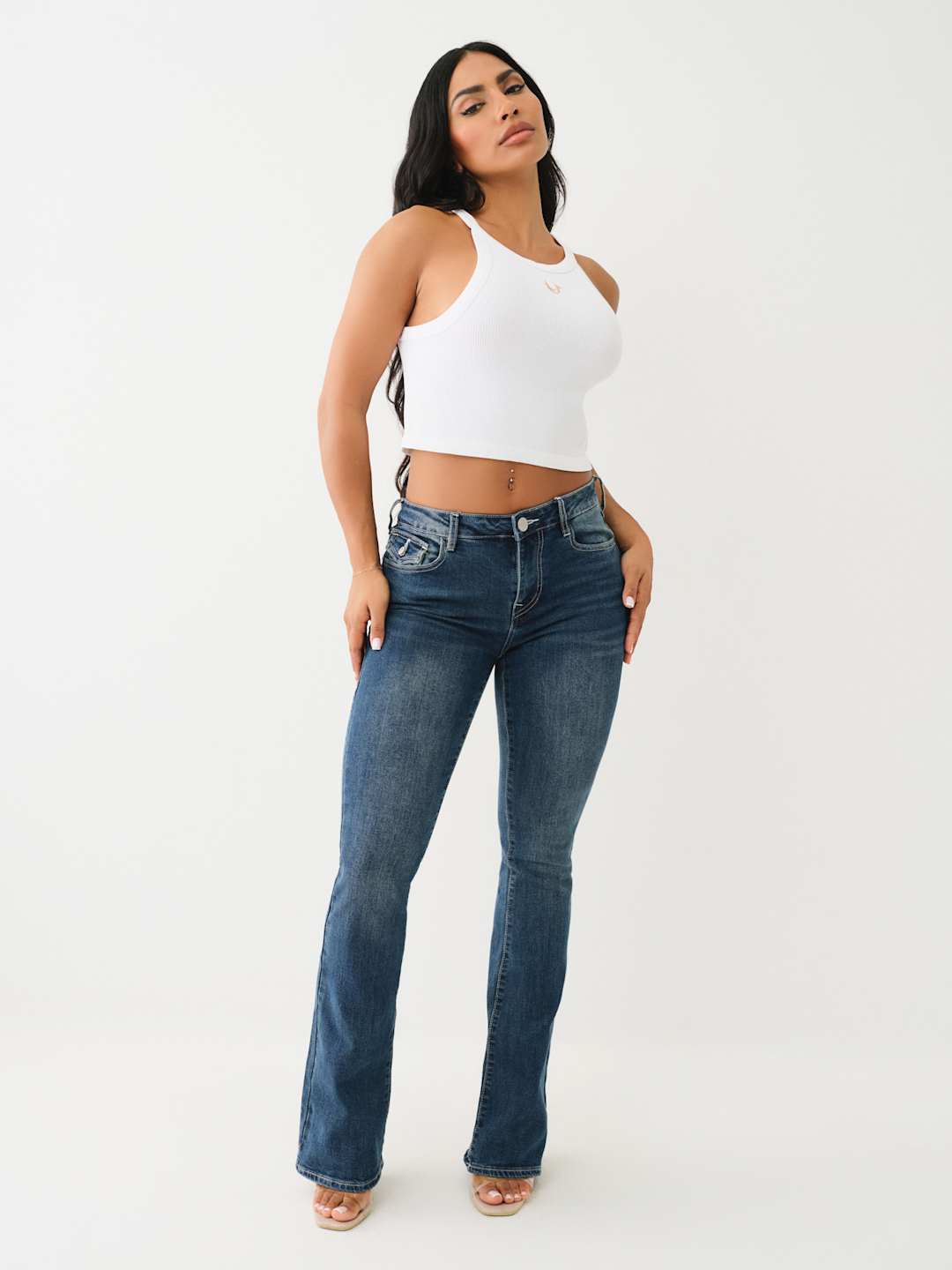 True Religion Becca Jeans Mid Rise Flap Bootcut Blue