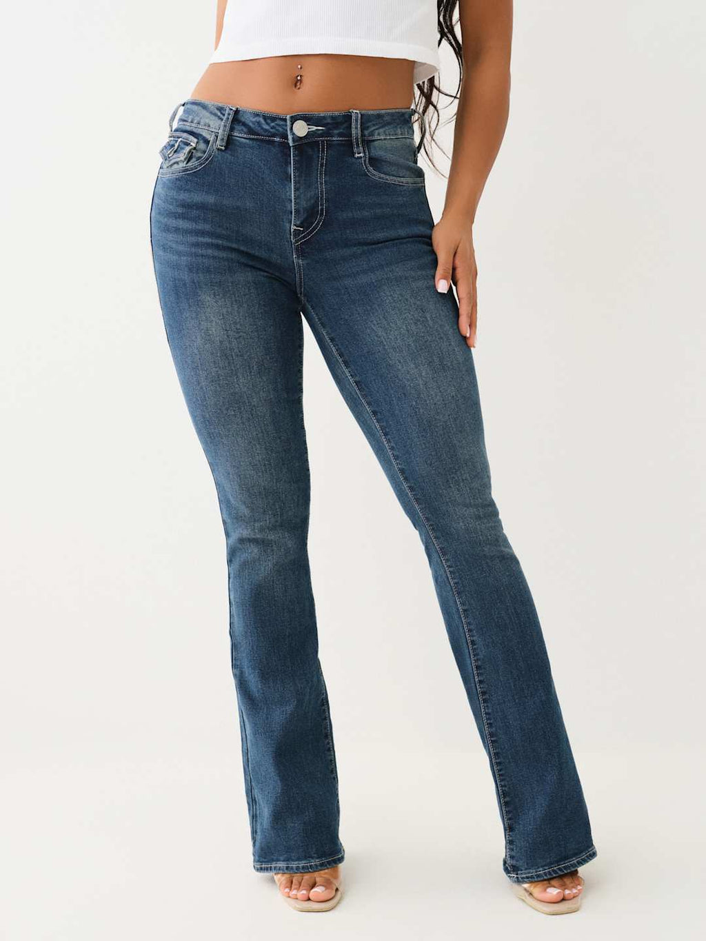True Religion Becca Jeans Mid Rise Flap Bootcut Blue