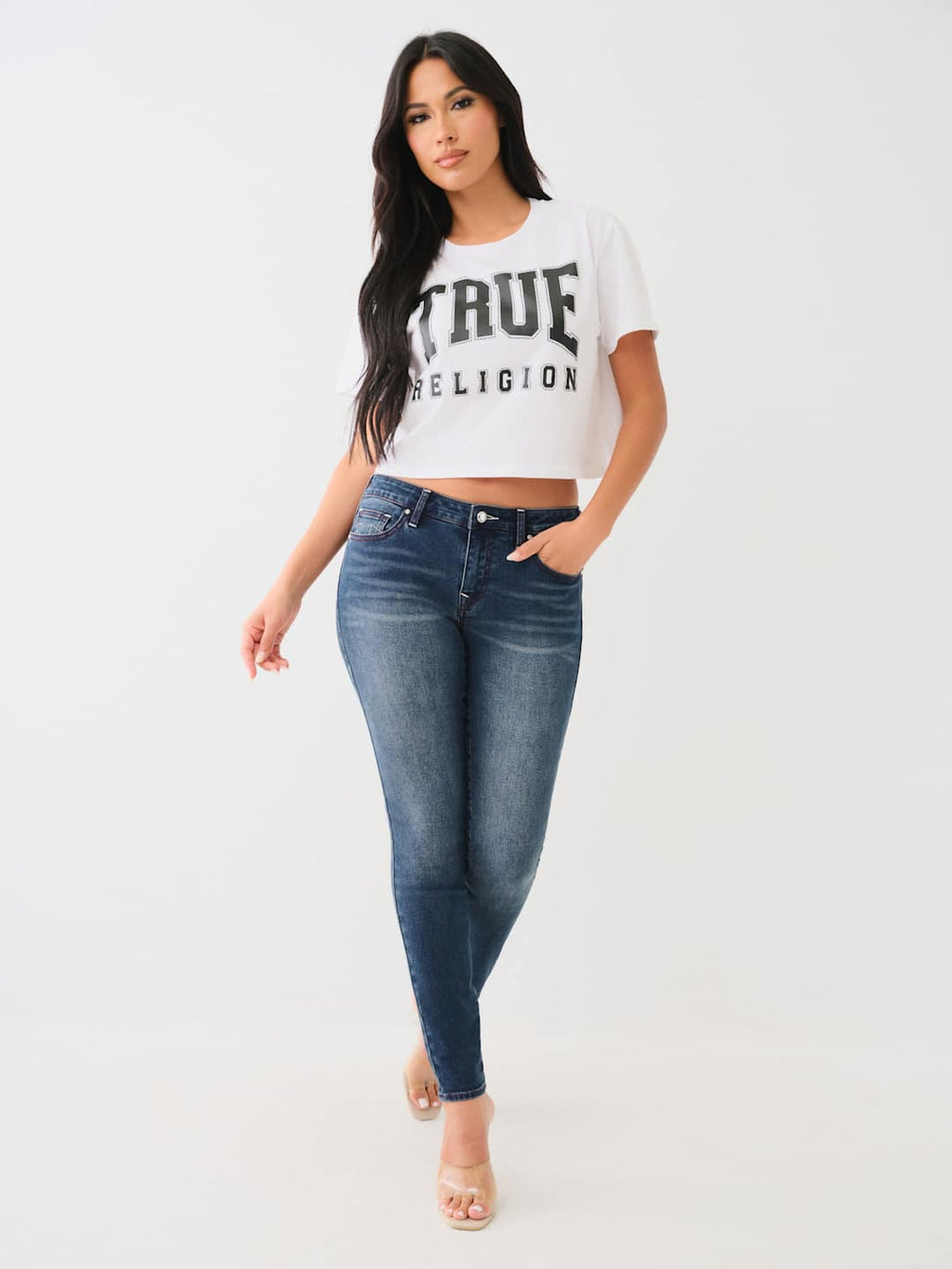 True Religion Ladies Jeans Jennie SN MR Crystal Skinny Dark Shivering Wash