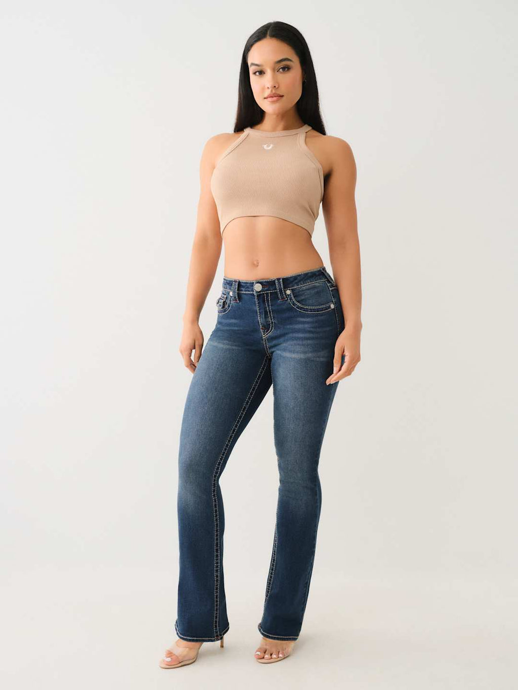 True Religion Jean Ladies Becca Big T MR Flap Bootcut Dark Shivering Wash