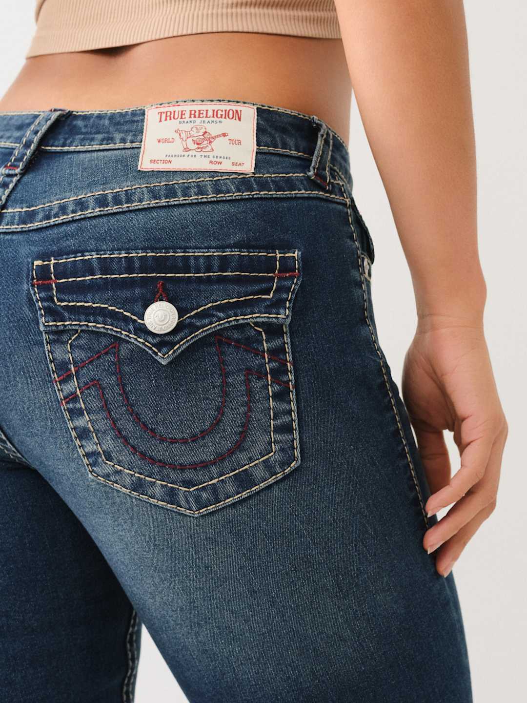 True Religion Jean Ladies Becca Big T MR Flap Bootcut Dark Shivering Wash