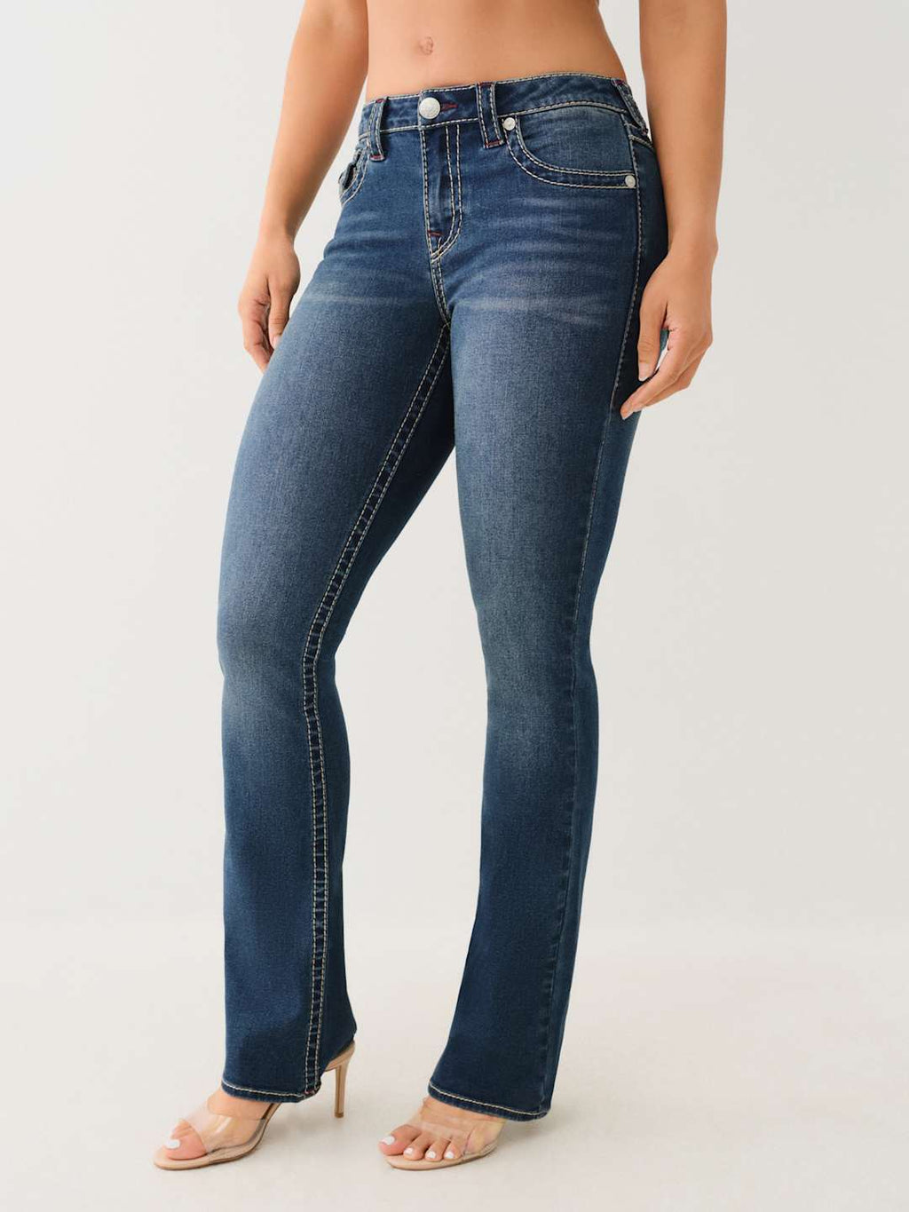 True Religion Jean Ladies Becca Big T MR Flap Bootcut Dark Shivering Wash