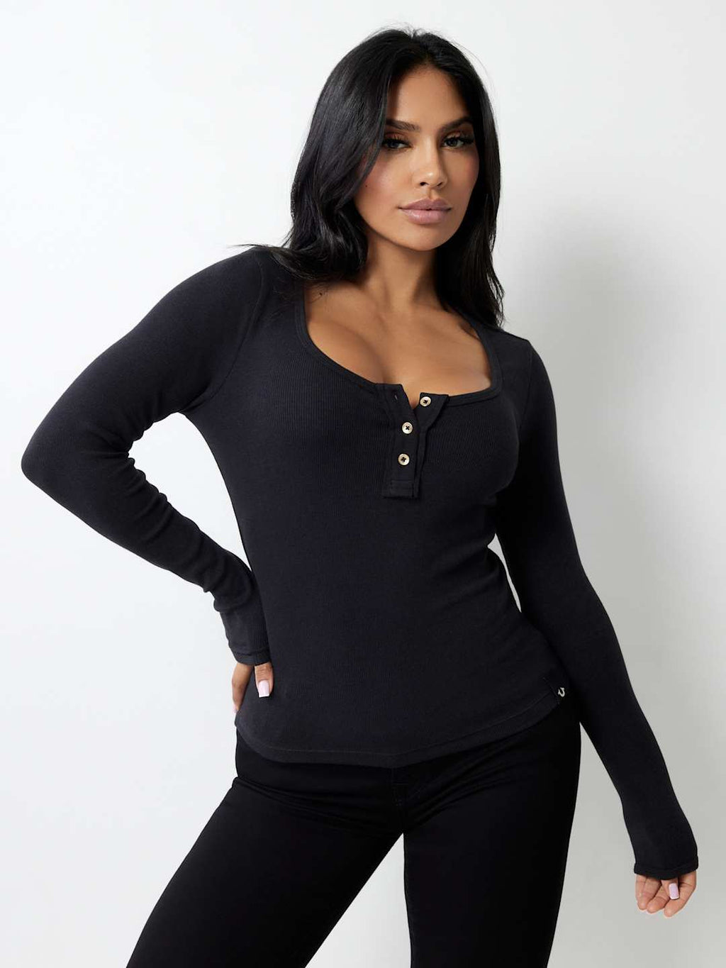 True Religion Crew LS Rib Raw Henley Jet Black