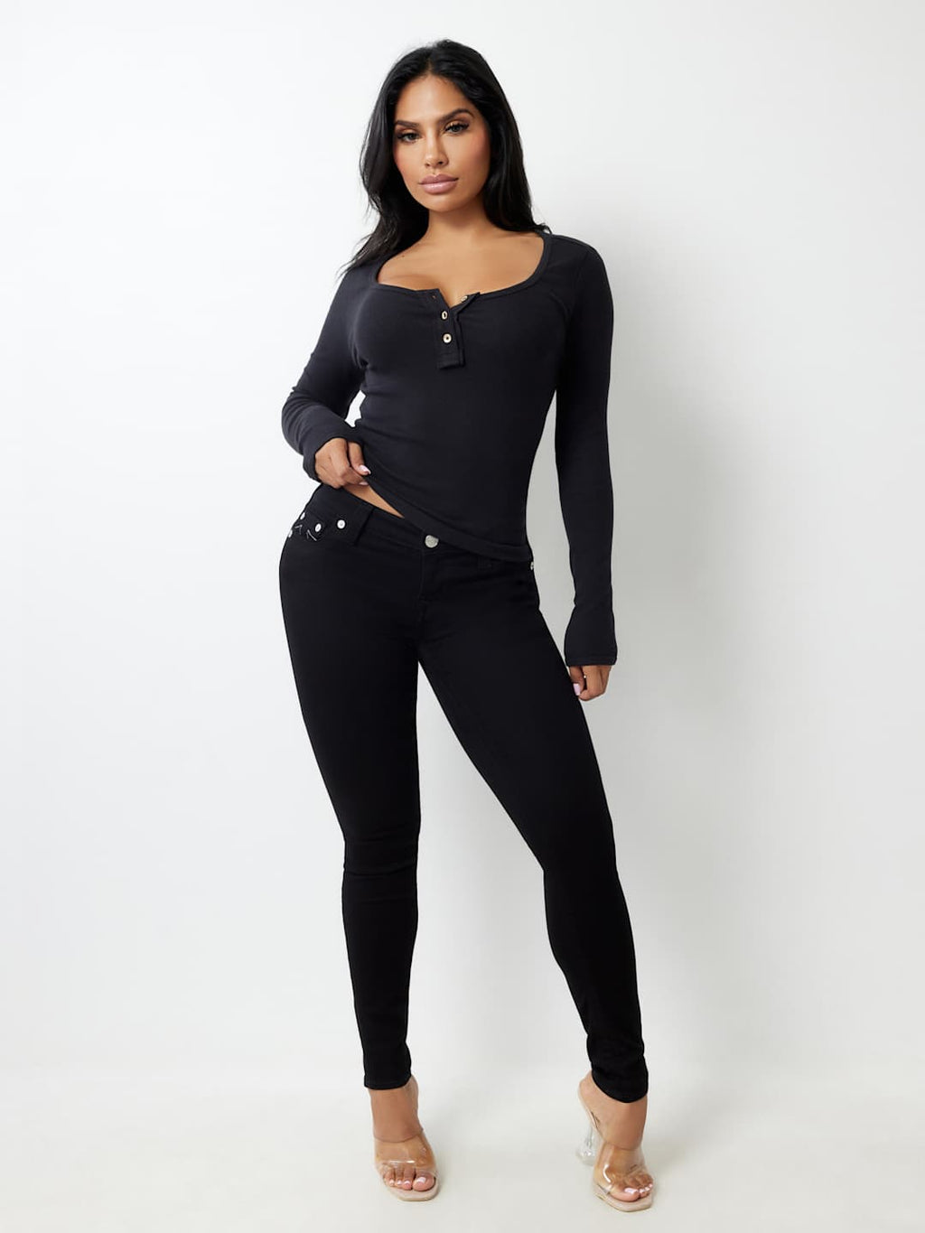 True Religion Crew LS Rib Raw Henley Jet Black